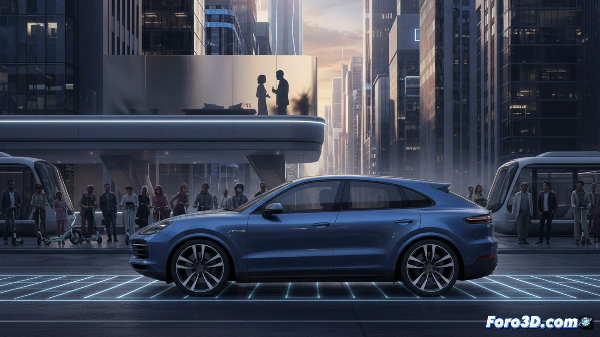 Porsche Cayenne Coupé eléctrico en un estudio de diseño técnico, ingenieros ajustando un panel de carrocería aerodinámico sobre el chasis del SUV, batería de alto voltaje expuesta bajo el piso del vehículo, cables de carga ultrarápida conectados al puerto frontal, flujo de aire azul brillante simulando refrigeración alrededor del motor eléctrico trasero, interior minimalista con pantalla curva y asientos de cuero perforado, herramientas digitales flotando en hologramas sobre la mesa de trabajo, ingenieros analizando datos de autonomía en tabletas, estilo cinematic photorealistic, iluminación ambiental de estudio, reflejos metálicos en la carrocería negra, fondo de laboratorio minimalista con luces LED blancas, ultra-detallado render técnico