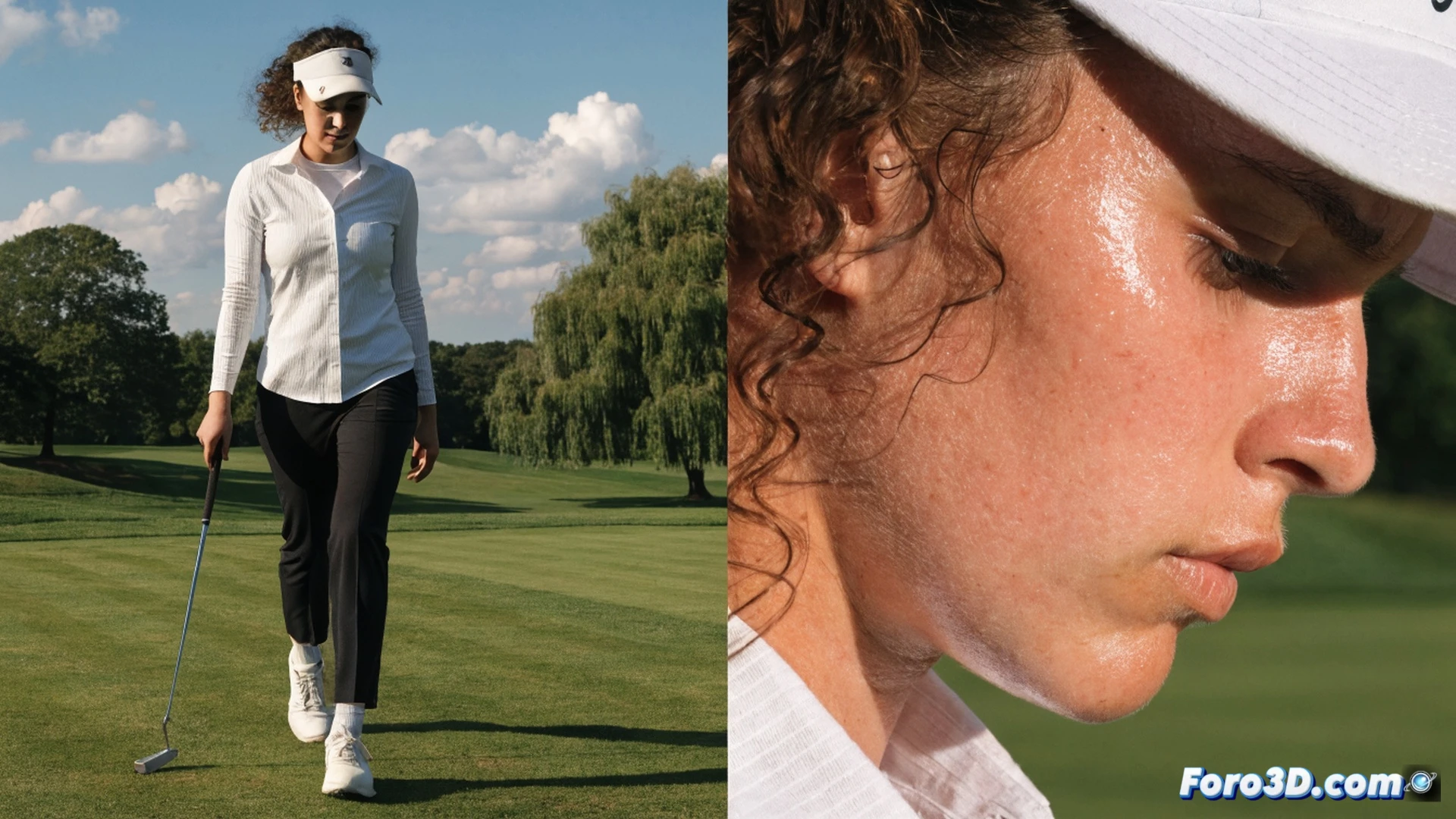 joven golfista femenina en posición de swing durante un putt decisivo en green de Muirfield, con palo metálico en mano, césped inglés húmedo y ondulado, bandera escocesa al fondo ondeando, nubes grises bajas, luz dorada de atardecer filtrándose, búnker de arena blanca en primer plano, espectadores borrosos en la distancia, cámara baja con lente gran angular, estilo cinematográfico deportivo, edición fotorealista, textura de grama fina, sombras alargadas, tensión en la escena, movimiento congelado del impacto, recorte de hierba volando, ambiente dramático y épico