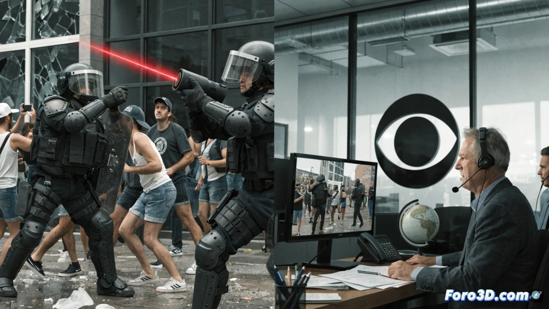 Estilo cinematográfico fotorrealista, un gran panel de control de estudio de televisión con múltiples monitores mostrando noticias, un editor con mangas de camisa arremangadas manipulando una línea de tiempo de video en una estación de edición, mientras un metraje de protesta se arrastra hacia la izquierda y otro clip de una entrevista oficial se superpone a la derecha, un cable HDMI desconectado cuelga de un monitor, una taza de café frío con posos en el borde, iluminación dramática de estudio con sombras duras, atmósfera tensa y cínica, textura de grano de película 35mm, desenfoque de movimiento en los brazos del editor.