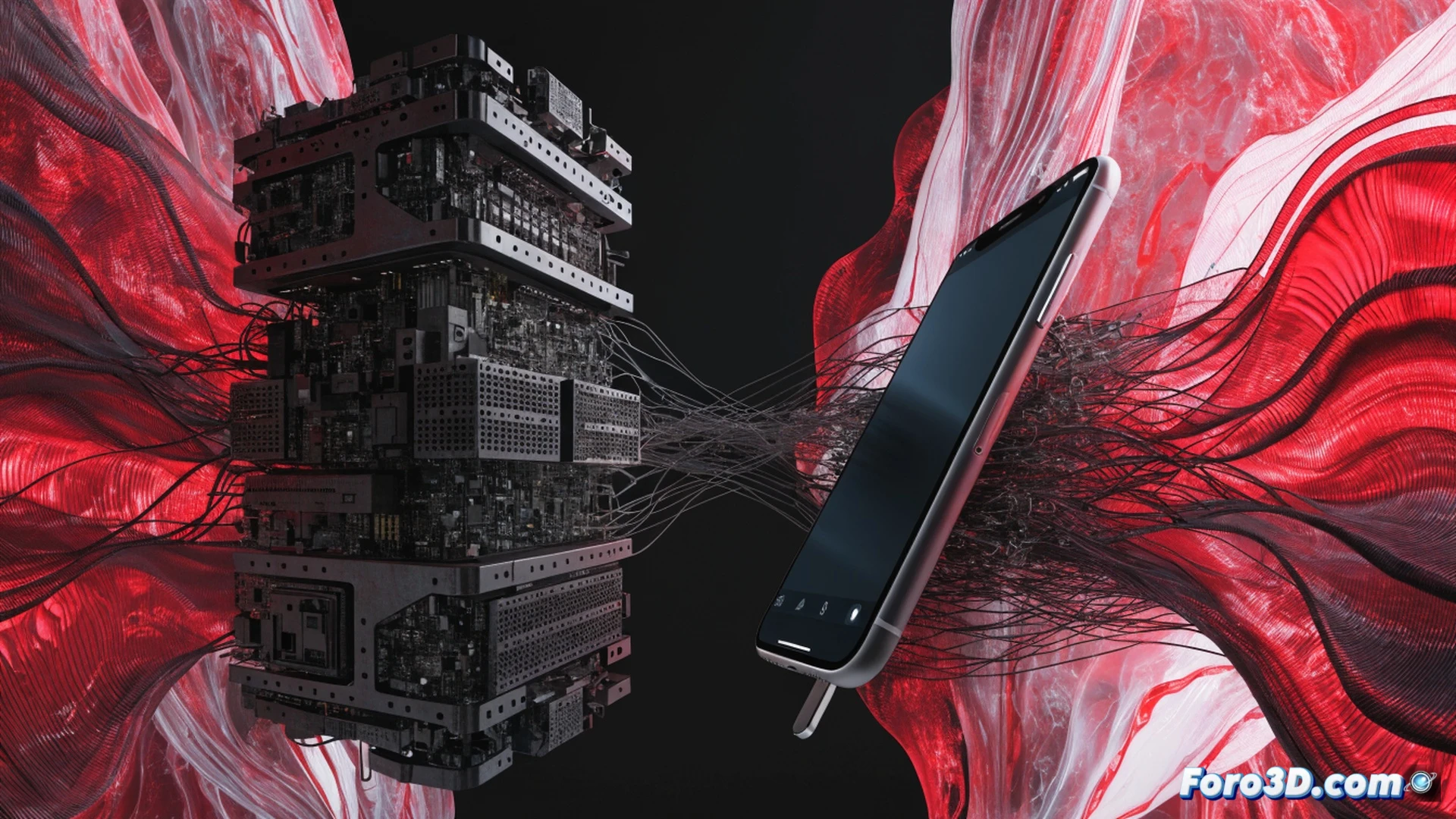digital forensics extraction process, a glowing iPhone being connected to a ruggedized Cellebrite hardware device via lightning cable, data streams visualized as bright orange lines flowing from phone to computer monitor displaying encrypted file structures, a hacker silhouette operating the interface in a dim server room, Russian government seals faintly reflected on the screen, cables and cooling vents in foreground, cinematic cyberpunk aesthetic, high contrast blue and amber lighting, photorealistic technical illustration, motion blur on spinning hard drives, dust particles in harsh industrial light, surveillance atmosphere