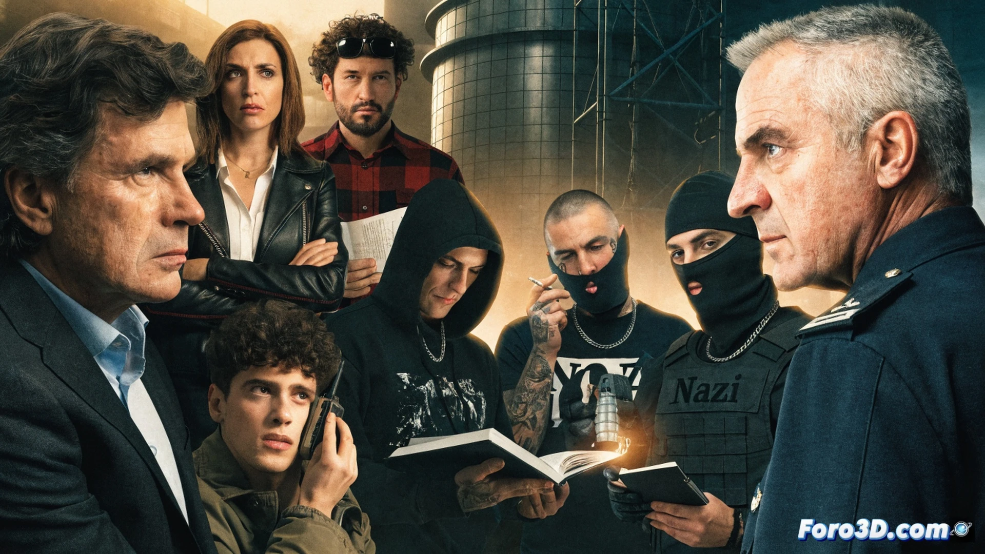 neonazi group planning attack, tactical map with red markers showing 120 targets across Portugal, grenade being prepared on wooden table next to police badge and handcuffs, dark underground bunker with concrete walls, computers showing encrypted chat logs and target lists, hooded figures gathered around blueprints of government buildings, dramatic low-angle cinematic shot, cold blue industrial lighting, photorealistic technical illustration, weapons dismantled on workbench, tactical gear hanging on wall, intense atmosphere of conspiracy and threat