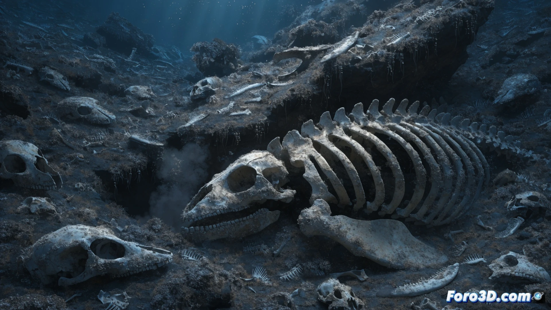Deep-sea whale skeleton scattered across hydrothermal vent field at 7 km depth, large rib bones partially buried in sediment, bacterial mats covering bone surfaces, pale tube worms attached to vertebrae, ROV robotic arm extending to collect a fossil sample, sediment particles drifting in dark water, bioluminescent organisms glowing faintly around bones, cinematic underwater documentary style, photorealistic deep ocean visualization, dramatic blue-black lighting, extreme depth pressure atmosphere, ultra-detailed bone texture and marine snow particles