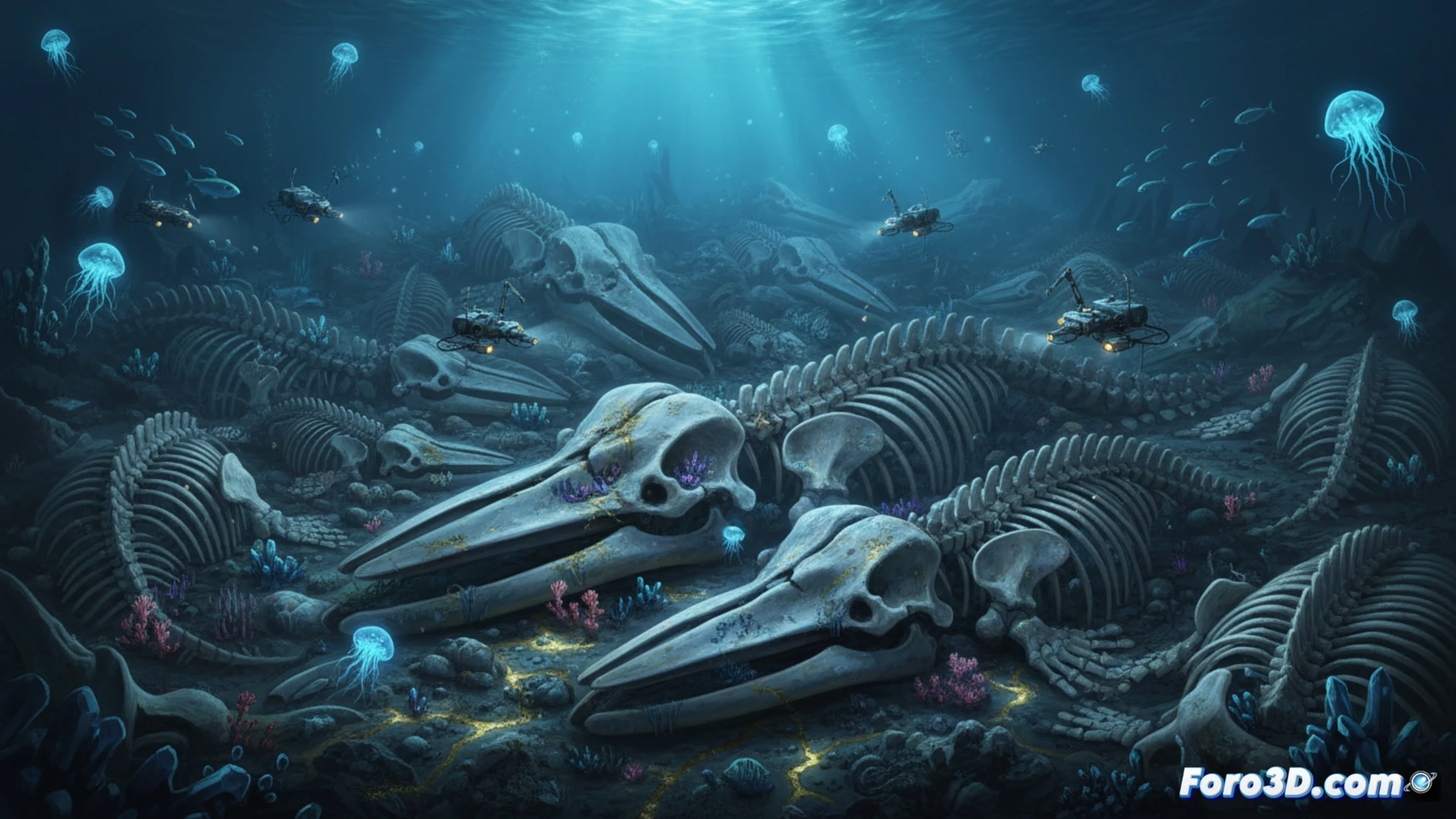 Deep ocean abyss scene, hundreds of whale skeletons scattered across a dark seabed at 4000 meters depth, bones partially buried in sediment, ROV submersible with robotic arms and bright LED arrays scanning a massive ribcage, hydroacoustic sonar beams emitting blue grid lines across the seafloor, clouds of mineral-rich silt rising during sampling, metallic nodules glittering near vertebrae, bioluminescent organisms drifting through the scene, photorealistic technical illustration, cinematic underwater lighting, high-contrast shadows, ultra-detailed fossil textures, scientific exploration equipment visible