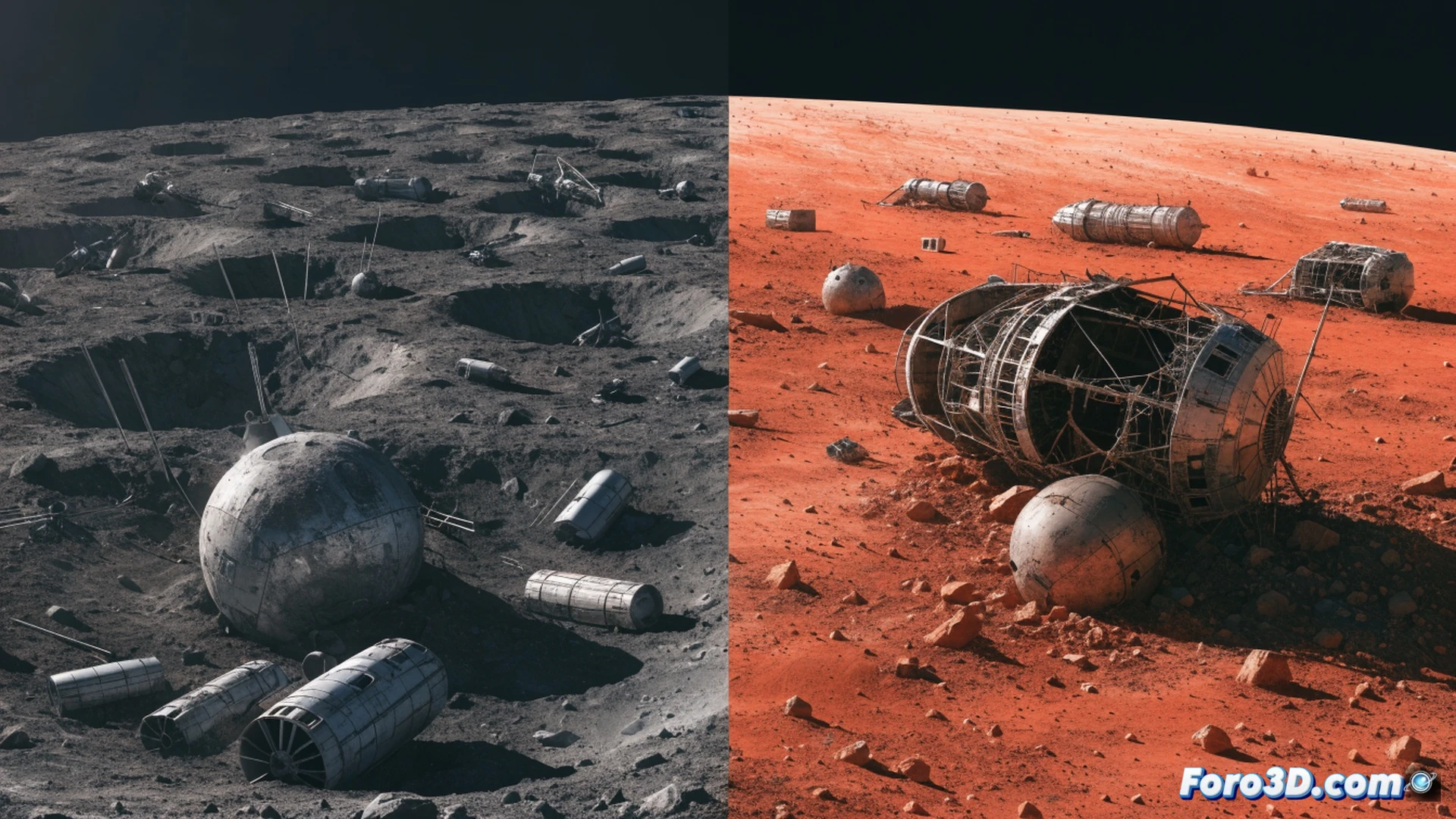 Desolate lunar surface littered with abandoned spacecraft debris, a rusted rover half-buried in regolith under harsh sunlight, engineers in spacesuits analyzing a crashed lander's fractured solar panels, tools floating in zero gravity near a broken antenna, Mars terrain in background with tilted rocket wreckage against orange sky, cinematic photorealistic technical illustration, sharp shadows, dust particles suspended in vacuum, scratched metal surfaces, glowing warning lights on dormant equipment, dramatic cosmic lighting, ultra-detailed mechanical failure textures