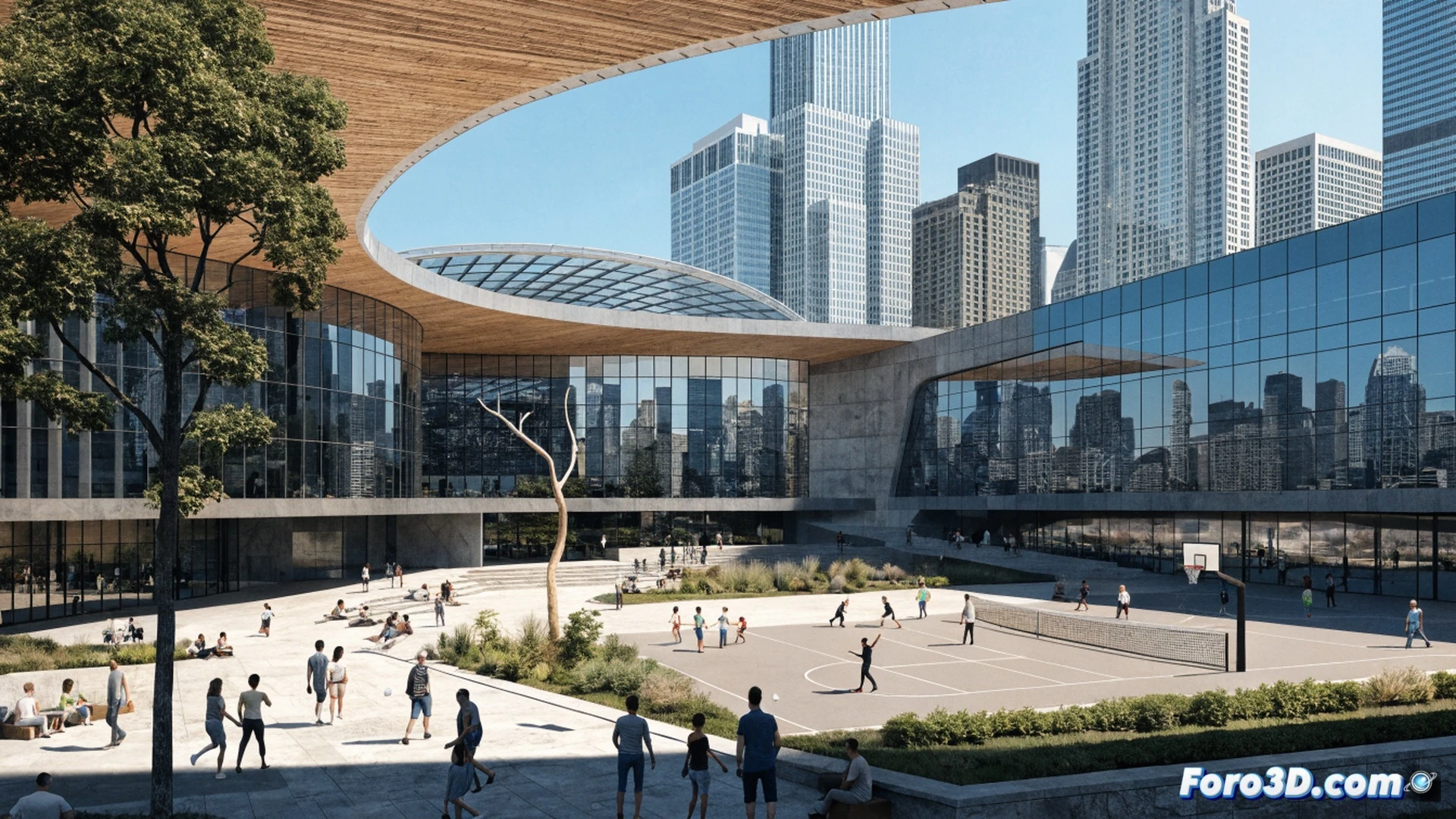 Vista aérea de un espacio cívico contemporáneo al atardecer, visitantes caminando entre jardines nativos y una pista de atletismo integrada al paisaje, arquitectura de hormigón claro y madera con paneles solares visibles en el techo, mientras niños juegan cerca de un estanque de lluvia, mostrando el flujo de agua pluvial hacia un sistema de riego subterráneo, photorealistic architectural visualization con iluminación cálida, sombras alargadas, texturas de piedra y vegetación nativa, atmósfera acogedora y cívica, estilo cinematográfico de alta fidelidad.