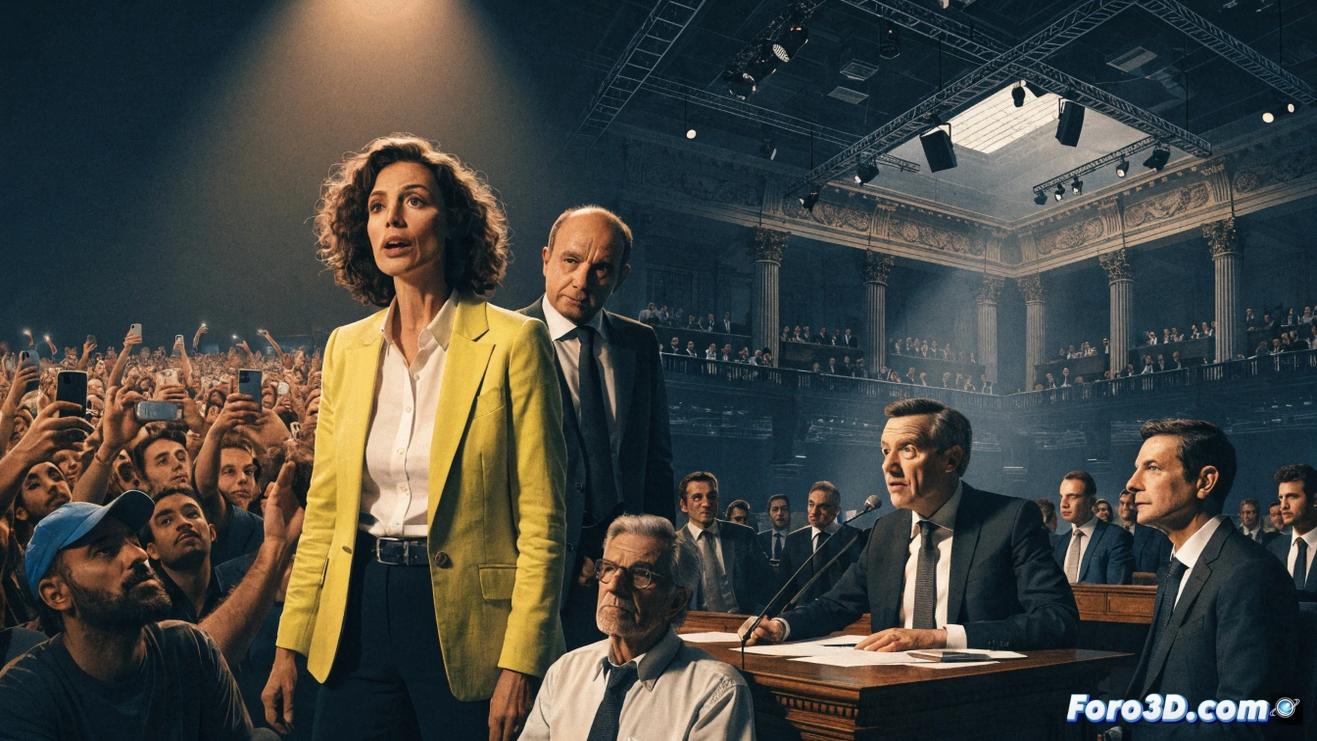Italian political leaders Schlein, Conte, Fratoianni and Bonelli standing together on a modern glass-walled conference stage, simultaneously pointing toward two large holographic calendar dates floating in mid-air (8 and 15 July), a digital presentation screen behind them showing a flowchart merging into a single arrow labeled minimum wage and job creation, another politician excluded from the group gesturing off-stage with a frustrated expression, cinematic photorealistic style, dramatic overhead lighting casting sharp shadows, polished wooden podium with microphones, subtle Italian flag colors reflected on the glass floor, ultra-detailed facial expressions and fabric textures, professional political rally atmosphere