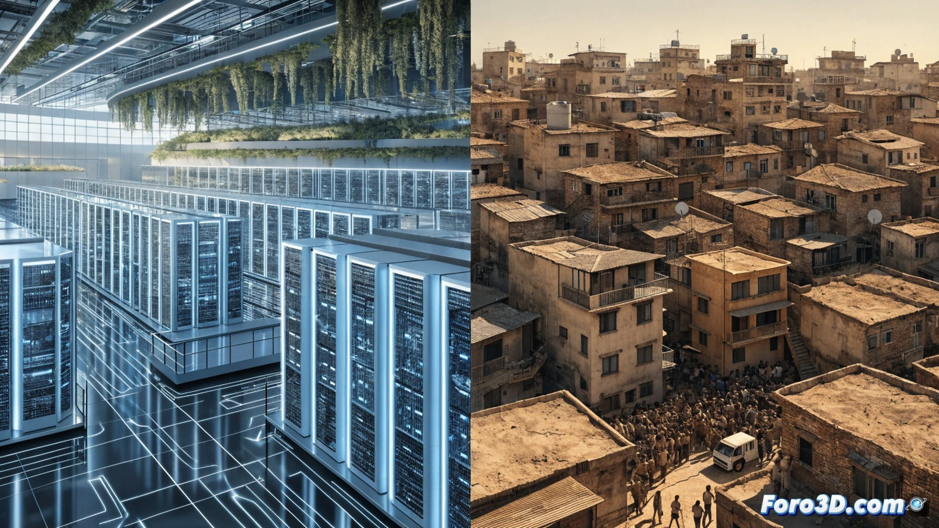 cinematic wide shot of a sprawling data center complex at sunset, cooling towers releasing massive steam clouds over a dry cracked reservoir, a construction crane lifting a server rack next to a row of dilapidated affordable housing units, water pipeline visibly diverting from a residential area into the data center, drought-parched ground splitting beneath concrete foundations, photorealistic environmental contrast, dramatic golden hour light casting long shadows, ultra-detailed textures of rusted pipes and glass server facades, technical illustration style with industrial haze