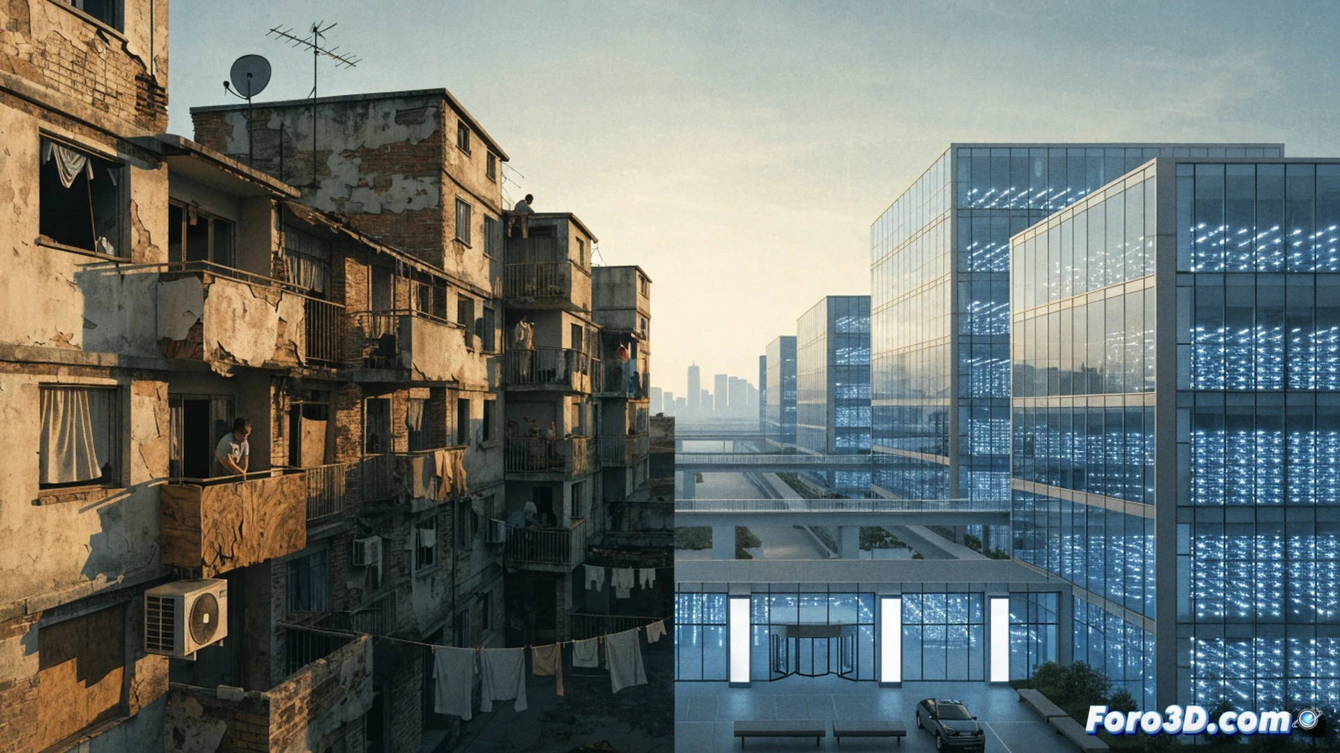 European cityscape split between gleaming data center construction on one side and deteriorating residential buildings on the other, construction cranes lifting massive server racks while workers install cooling pipes and fiber optic cables, a bulldozer demolishing an apartment block in the background, contrast between high-tech server infrastructure and neglected housing, cinematic photorealistic visualization, dramatic industrial lighting, blue and grey metallic tones, smoke rising from demolition site, ultra-detailed mechanical components, sharp focus on data center architecture, moody cloudy sky, social inequality visual metaphor, technical engineering illustration style