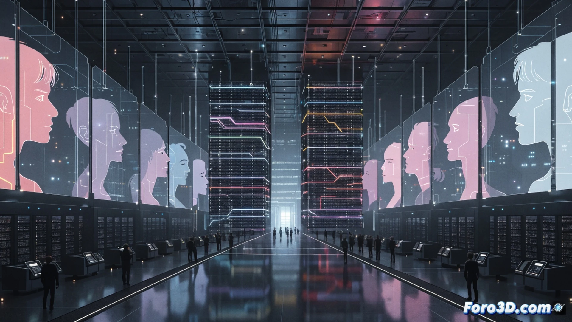 cinematic photorealistic scene inside a dimly lit data center, rows of server racks with blinking blue LEDs, holographic avatar faces of deceased people floating above hard drives, a technician inserting a glowing SSD into a slot while a translucent digital ghost speaks to a grieving user on a monitor, cooling mist rising from servers, cables tangled like digital roots, dramatic side lighting, ultra-detailed metallic surfaces, dust particles in laser beams, emotional tension, technical engineering visualization