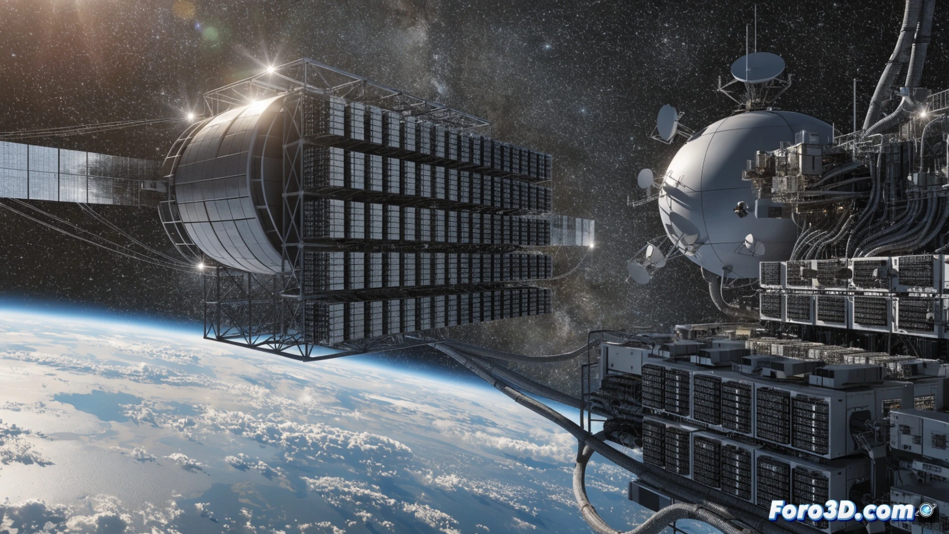 futuristic orbital data center in low Earth orbit, solar panels deployed, rack servers floating inside a transparent reinforced module, coolant pipes glowing blue while radiating heat into space, cosmic rays striking a protective shielding layer with visible energy dissipation, a SpaceX Starship docking to deliver new server units, Earth curvature in background with city lights visible, high-tech industrial lighting, ultra-detailed mechanical components, photorealistic engineering visualization, dramatic contrast between cold space and warm internal systems