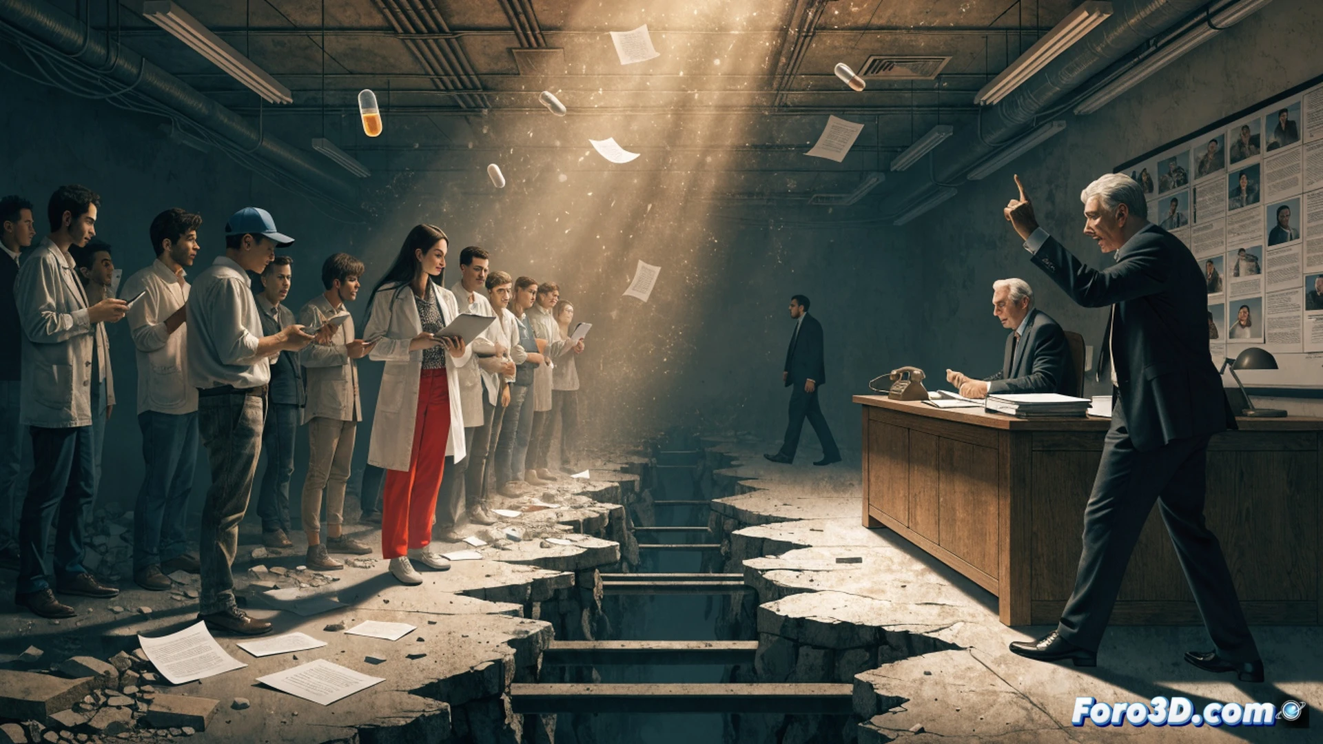 corporate boardroom split in two halves, left side young employees in casual wear holding medical certificates with exaggerated smiles, right side senior executives in suits pointing at charts showing rising sick leave costs, center table cracked down the middle with a broken CEOE logo, hands reaching for a document labeled mutuas control, one faction pushing a red button labeled recortes, cinematic photorealistic visualization, dramatic chiaroscuro lighting, tension visible in body language, scattered papers with health insurance forms, dark wood paneling, ultra-detailed textures, wide-angle lens emphasizing division