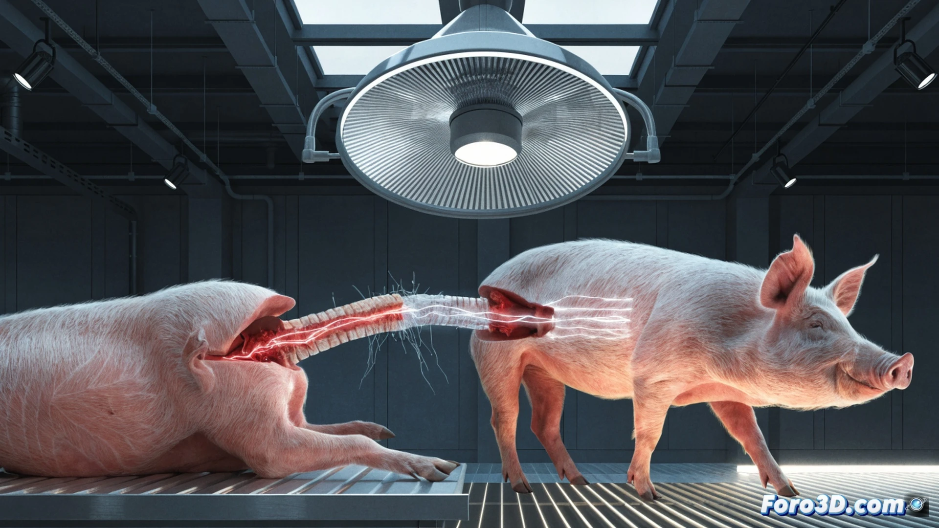 Photorealistic surgical scene showing a pig with exposed spinal cord on an operating table, neurosurgeons using microscopic fusion tools to reconnect severed nerve fibers, glowing bioluminescent nerve signals bridging the gap during the procedure, advanced monitoring screens displaying neural activity waveforms, sterile blue lighting, robotic surgical arms with precision electrodes, detailed anatomical structures visible, cinematic medical visualization, dramatic focus on the moment of reconnection, ultra-realistic tissue textures, high-contrast clinical lighting, technical engineering aesthetic