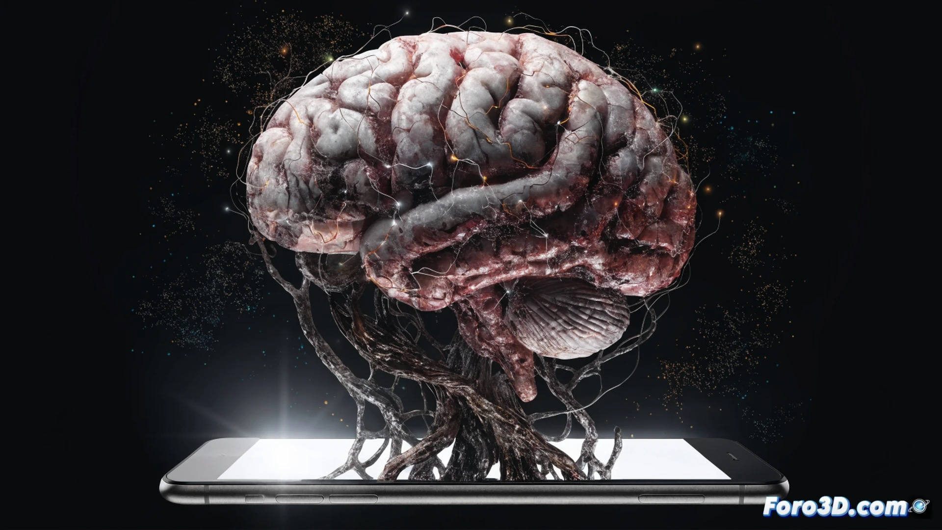 Photorealistic technical illustration of a human brain connected to a smartphone via glowing neural threads, brain tissue visibly degrading and fragmenting into pixelated particles while scrolling through endless low-quality social media feeds on the screen, young person s hand gripping the phone with tense white knuckles, digital clock on the phone showing hours passing unnoticed, notification icons piling up like toxic sludge, cinematic dark blue and toxic green lighting, hyper-detailed anatomical brain structure with decaying textures, fiber optic cables wrapping around neurons, engineering visualization style with holographic stress markers showing mental fatigue, dramatic shadows and intense focus on the moment of separation anxiety