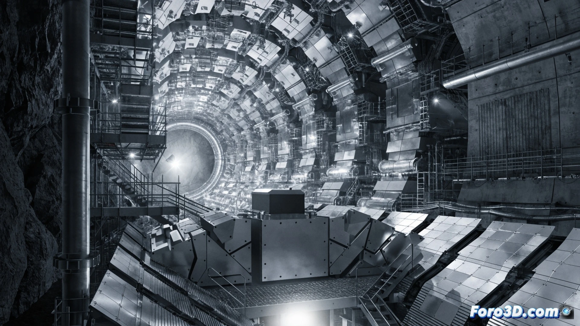 CERN Large Hadron Collider tunnel shutdown during maintenance, workers in white cleanroom suits inspecting superconducting magnets while robotic arms install upgraded beam pipes, particle collision simulation displayed on holographic monitors showing Higgs boson decay pathways, engineering visualization style, cold blue and metallic silver lighting, intricate cable bundles and cryogenic cooling pipes visible, dust particles suspended in sterile air, photorealistic technical illustration, dramatic industrial shadows, process of disassembling detector modules for renovation, ultra-detailed mechanical components