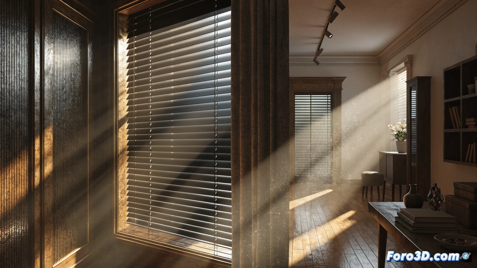 Residential facade during midday heatwave, sunlight blazing directly onto a closed white roller shutter, thermometer on the wall showing 38 degrees Celsius, window frame casting sharp shadow, contrast between shaded interior and bright exterior, a hand lowering the shutter halfway demonstrating the blocking action, technical cutaway view of the shutter slats reflecting infrared radiation, heat waves shimmering off the pavement outside, photorealistic architectural visualization, cinematic sunlight, crisp shadows, hyper-detailed texture of aluminum shutter and brick wall, energy efficiency concept