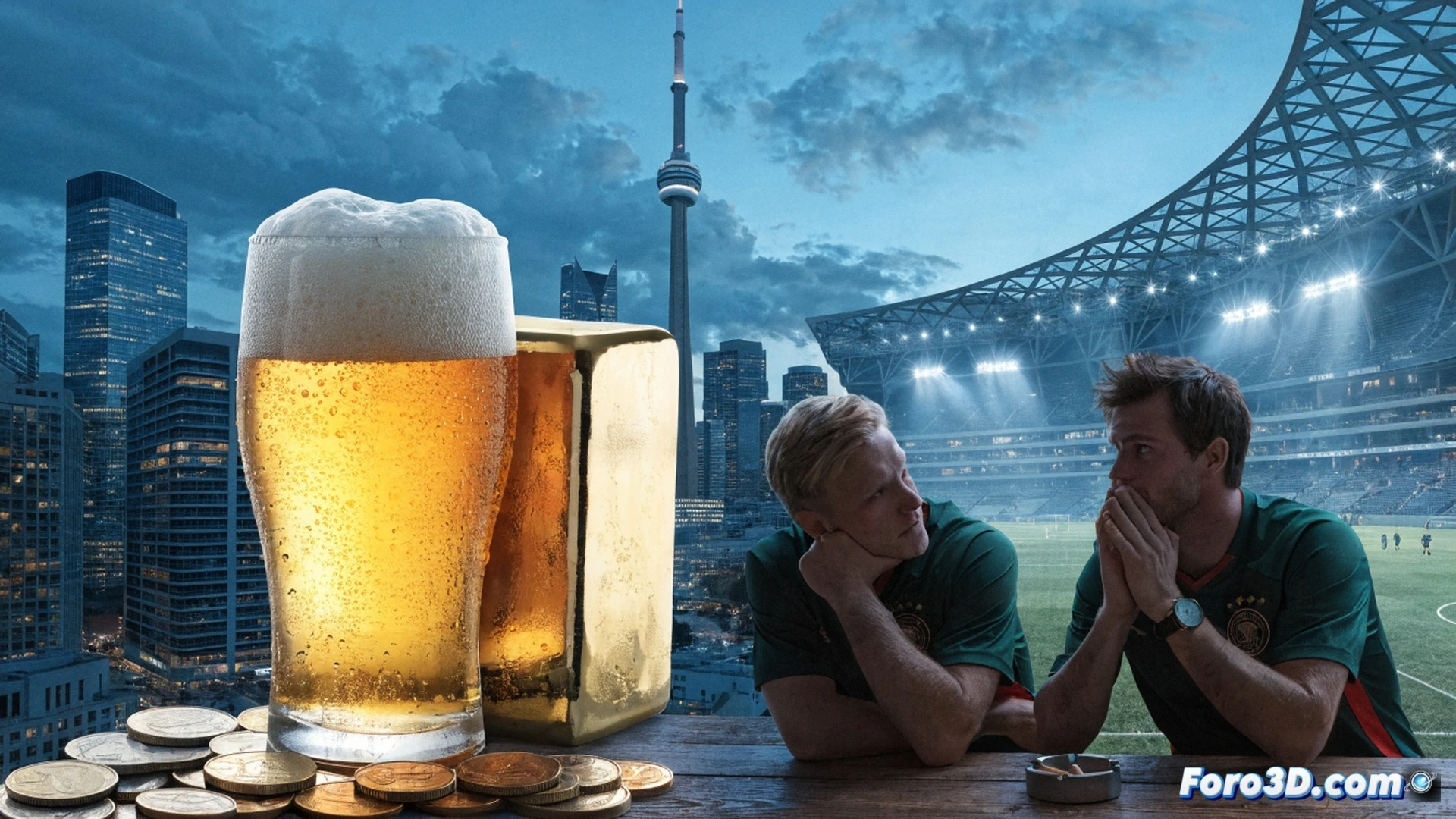 Aficionados alemanes en un bar de Toronto durante el Mundial 2026, un hombre sosteniendo una jarra de cerveza con precio de 14 dólares canadienses en un letrero digital detrás de la barra, otro pagando con tarjeta mientras una pantalla muestra el cargo, inflación alimentaria reflejada en etiquetas de menú con precios altos, barriles de cerveza apilados con etiquetas de impuestos canadienses, camarero sirviendo cerveza dorada con espuma densa, estilo cinematográfico fotorrealista, iluminación tenue de bar, tonos ámbar y metálicos, textura de vidrio y madera, acción de pago y consumo simultáneo, demostrando el impacto económico en los aficionados