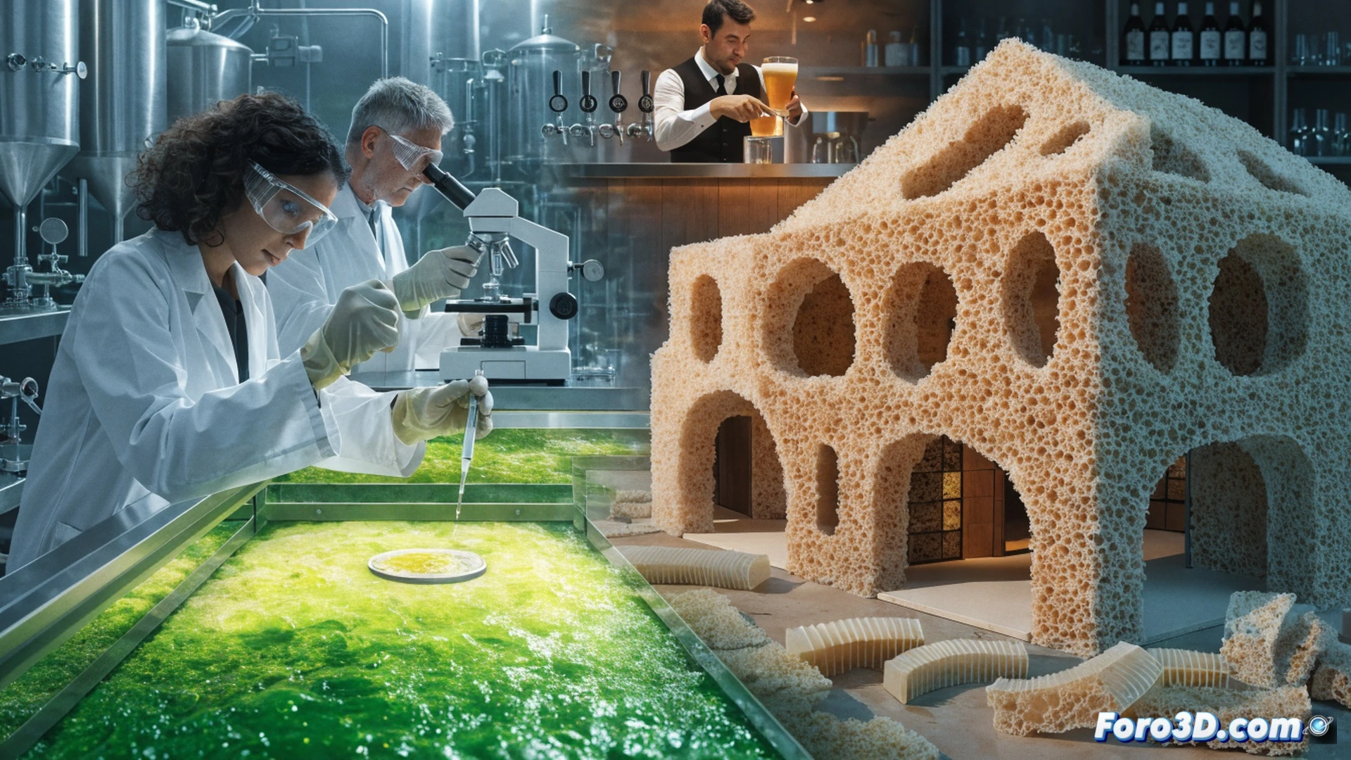 Biodegradable construction material production from beer waste and algae, scientists pouring greenish beer mash into a bioreactor while algae culture flows through transparent tubes, a robotic arm compressing the resulting bio-composite into a building brick mold, laboratory setting with fermentation tanks and digital monitors displaying sustainability metrics, technical engineering visualization, bright eco-industrial lighting, raw organic textures combining grain sediment and fibrous algae, photorealistic material science render