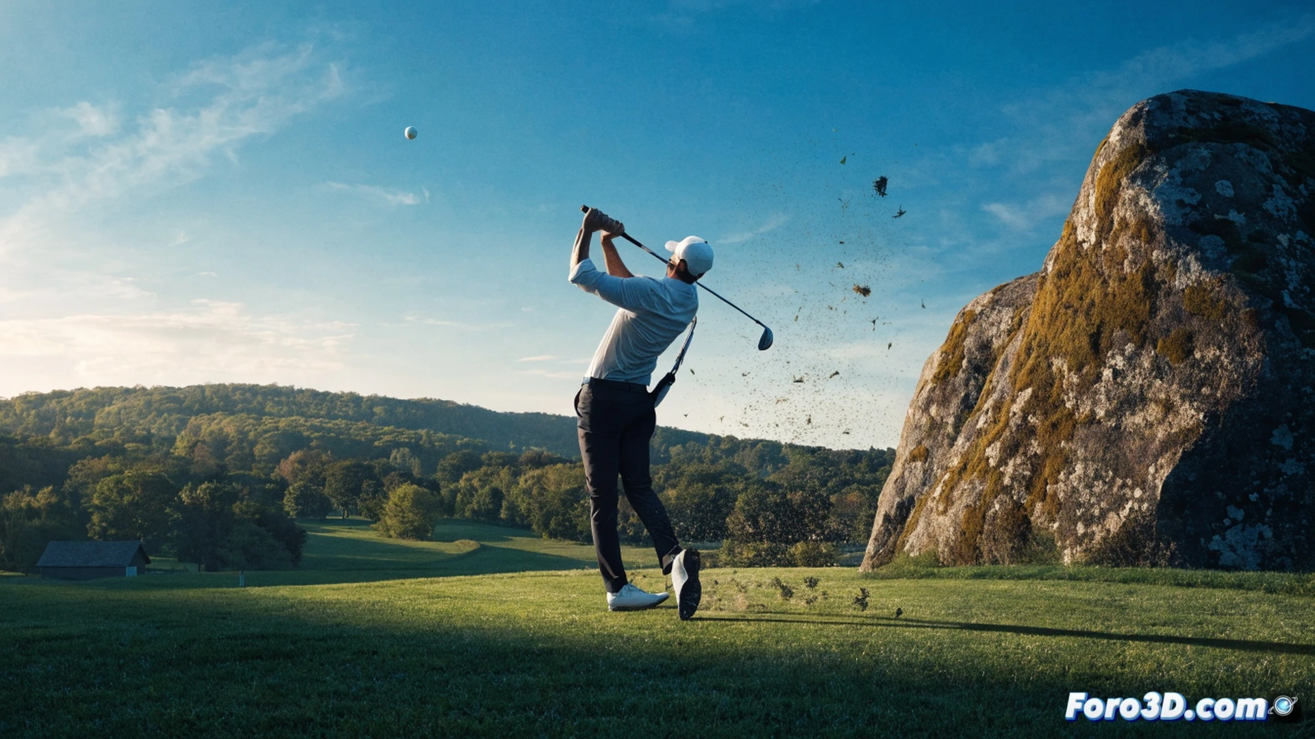 golfista español ejecutando swing preciso en campo italiano al atardecer, bola elevándose hacia bandera verde en green elevado, tribunas con público atento, palo de golf con cabeza metálica pulida reflejando luz dorada, césped impecable con marcas de corte en diagonal, edificio histórico italiano al fondo, cámara lenta capturando momento de impacto, cinematic sports visualization, photorealistic lighting, profundidad de campo reducida, texturas de hierba y arena nítidas, cielo naranja con nubes finas, dramatismo deportivo
