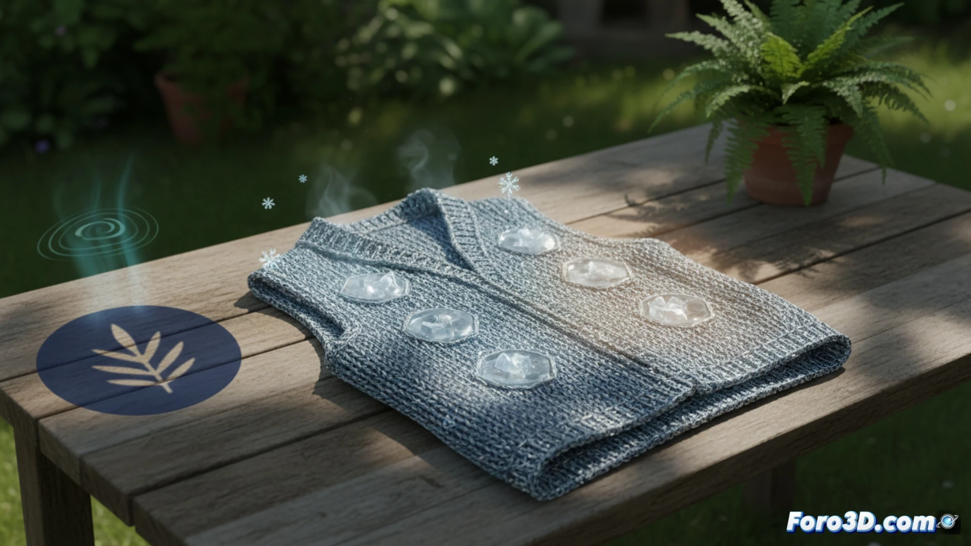Hombre con chaleco de punto gris sentado bajo un árbol frondoso, sombra moteada sobre el pecho, fibras textiles con microcápsulas de PCM visibles en primer plano, proceso de regeneración térmica del material mientras el chaleco se enfría al tacto, diagrama de cambio de fase sobrepuesto en la manga, círculos azules sólidos convirtiéndose en líquidos transparentes, luz solar filtrada creando contraste entre zona caliente y fría, demostración de absorción de calor corporal, estilo de ilustración técnica hiperrealista, textura de punto ampliada con detalle microscópico de fibras, iluminación natural suave, fondo de parque urbano desenfocado, render fotorrealista de ingeniería de materiales.