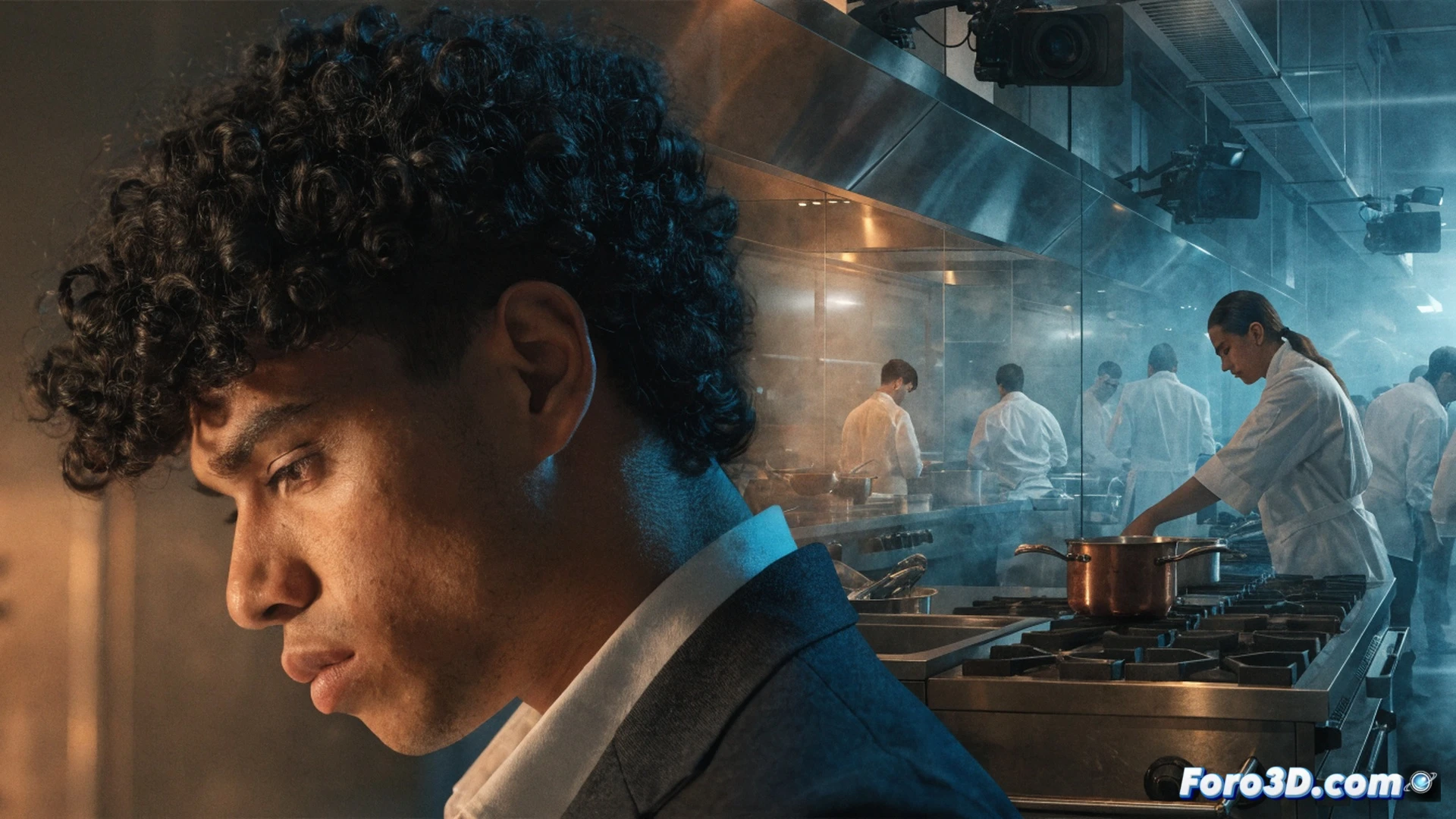 MasterChef kitchen elimination scene, contestant Chambo removing apron and placing chef knife on counter, dramatic spotlight illuminating isolated figure while other contestants blurred in background continue plating dishes, steam rising from copper pots, stainless steel counter reflective surfaces, timer display showing expired countdown, culinary technical visualization, cinematic lighting with deep shadows, emotional tension captured in posture, photorealistic render, kitchen tools scattered on marble surface, overhead rack of hanging pans visible, professional grade stovetop with blue flames still burning, ultra-detailed food preparation station