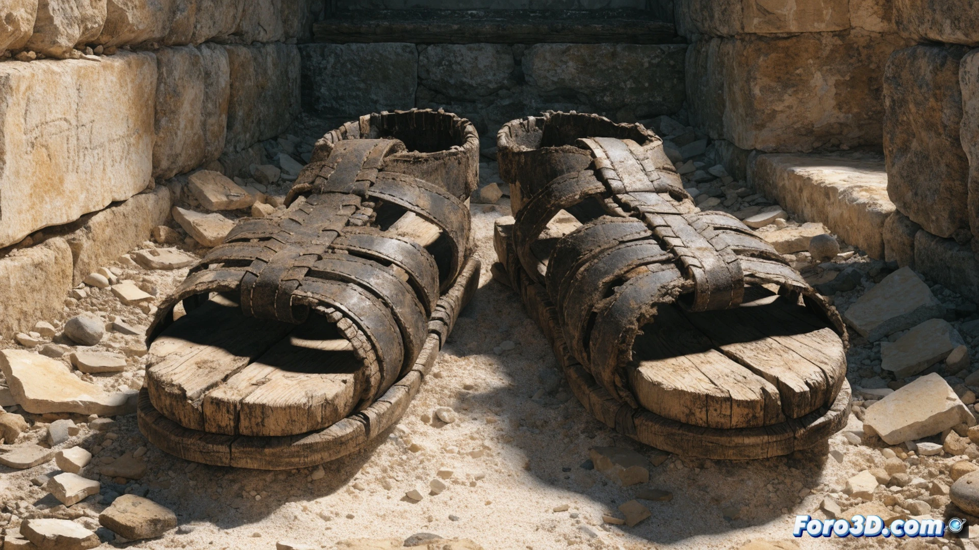 Ancient Roman wooden sandals resting on heated stone floor of a public bath, steam rising around them, archaeologist carefully brushing dirt from the sole while measuring tool lies nearby, worn leather straps and carved wooden base showing detailed grain, hot water channels visible beneath floor tiles, dramatic side lighting highlighting historical wear patterns, photorealistic archaeological documentation style, ultra-detailed wood texture, soft warm amber tones contrasting with cool stone, demonstrating preventive hygiene technology from 1900 years ago