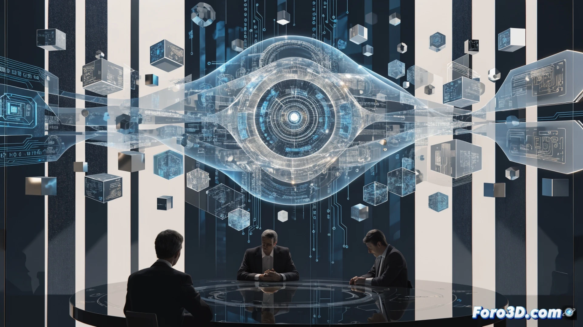 corporate boardroom meeting, diverse committee members reviewing a glowing holographic contract document, a red veto stamp hovering over the screen, AI data streams visualized as blue light pulses flowing into a secure server rack, transparent privacy shields protecting silhouetted citizen profiles, cinematic technical illustration, photorealistic render, dramatic side lighting, polished glass table reflecting code, high-tech security interface, serious professional atmosphere, ultra-detailed facial expressions