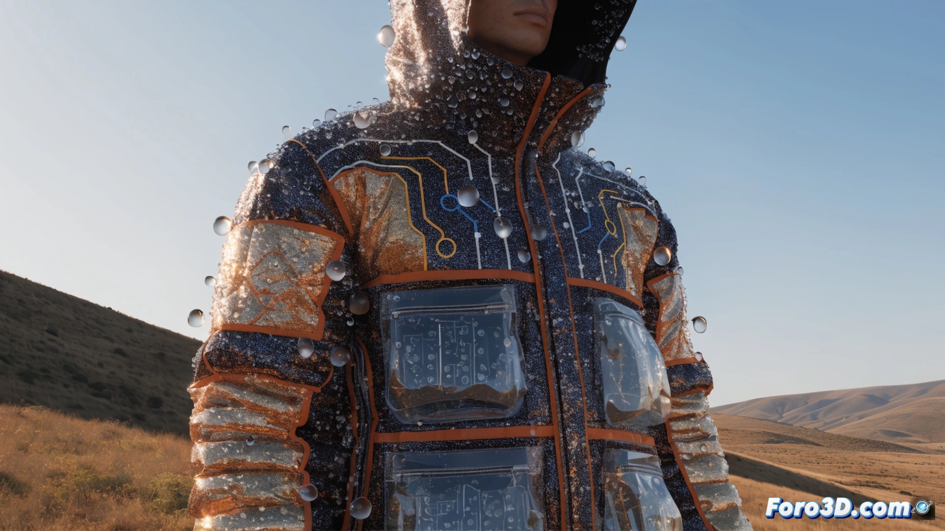 Technical illustration of a desert traveler wearing a moisture-harvesting jacket, visible water droplets condensing on fabric surface, liquid flowing through transparent tubes into side pockets, sunlight activating purification layer, arid landscape background with cracked earth, close-up showing vapor extraction process, engineering visualization style, photorealistic render, cool blue water contrasting warm beige desert, metallic zippers and reflective panels, dramatic low-angle lighting highlighting condensation cycle, ultra-detailed textile weave texture