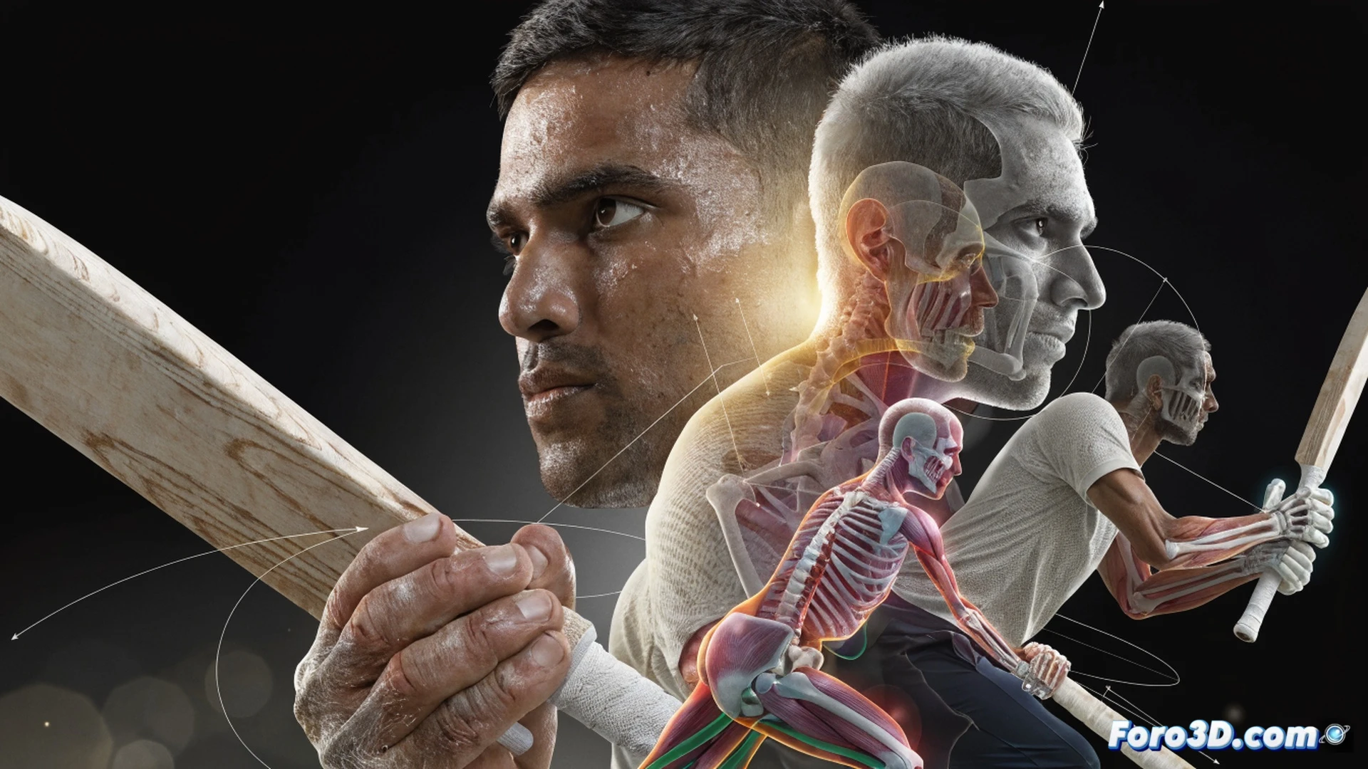 cricket batter Charith Asalanka executing a precise back-foot punch against a fast bowler, biomechanical analysis overlay showing weight transfer from back leg to front, glowing trajectory lines tracing bat swing arc and ball path, 3D skeletal wireframe highlighting hip rotation and shoulder alignment, motion blur on bat face at impact, technical engineering visualization, dark studio background with grid floor, dramatic side lighting on player muscles and equipment, photorealistic sports science render