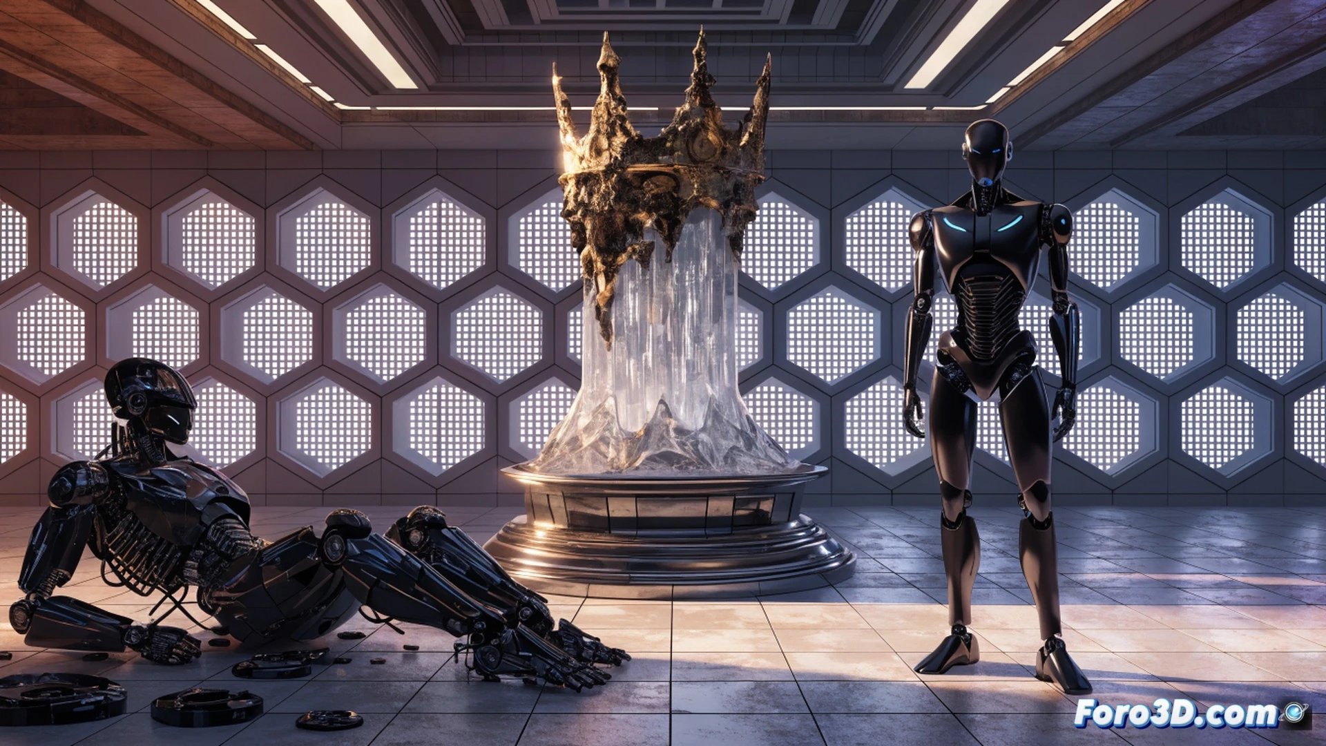 Cinematic photorealistic scene showing a cracked digital throne made of glowing data streams crumbling into fragments, ChatGPT logo fading in the background while Gemini and Claude logos rise from below with sharp metallic edges, global user map dissolving into competing network nodes, ethical controversy symbols like military badges and legal documents swirling in dark smoke, technical visualization of market share graph dropping below 50 percent line, dramatic low-angle lighting with blue and orange contrast, ultra-detailed futuristic interface elements, motion blur on falling particles, realistic glass shatter effects, cinematic volumetric fog.