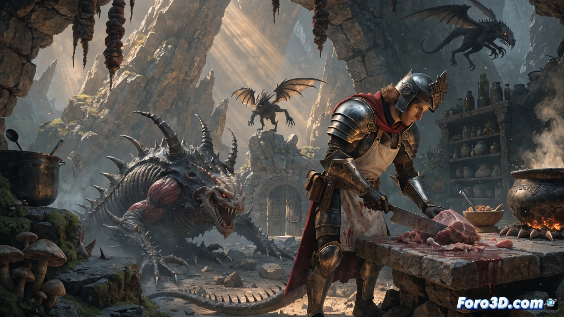 Chef Knight gameplay scene, medieval fantasy kitchen inside a dungeon, chef character in armor chopping a giant monster leg on a wooden table while a slime creature watches, bubbling cauldron with glowing green liquid, floating recipe book with animated illustrations, combat knife and spatula crossed on the counter, dungeon stone walls with hanging pots and pans, dramatic firelight casting shadows, action showing cooking process mid-chop, steam rising from hot oil, anime-inspired aesthetic with vibrant colors, dynamic angle capturing both cooking and dungeon exploration, cinematic lighting, high-contrast shadows, detailed textures on ingredients and tools, stylized technical illustration.