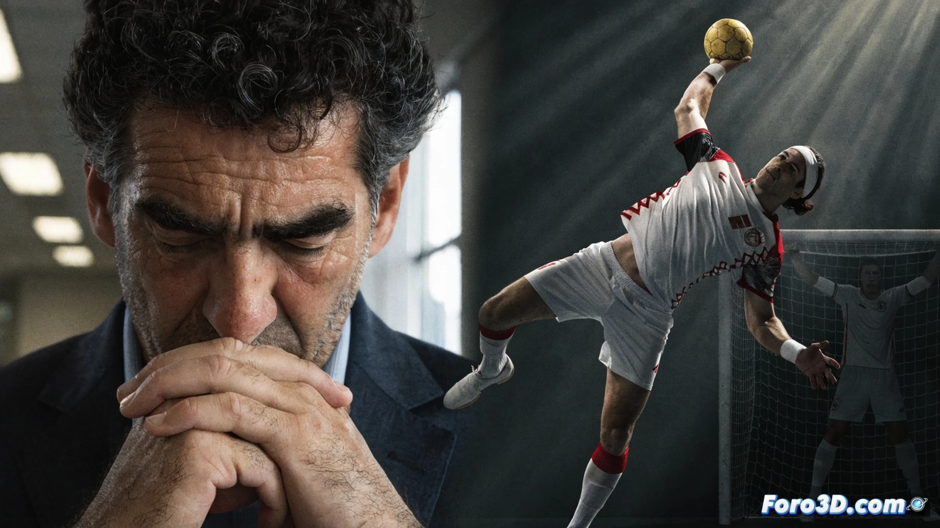 Hungarian handball team bench in agony, coach Chema Rodríguez standing frozen mid-celebration, decisive goal ball entering net in slow motion, digital scoreboard showing final seconds, tactical whiteboard with erased plays in background, photorealistic sports documentary style, dramatic stadium floodlights casting long shadows, sweat droplets frozen mid-air, shattered clipboard pieces on floor, ultra-detailed fabric textures and net fibers, cinematic freeze-frame with motion blur on ball trajectory
