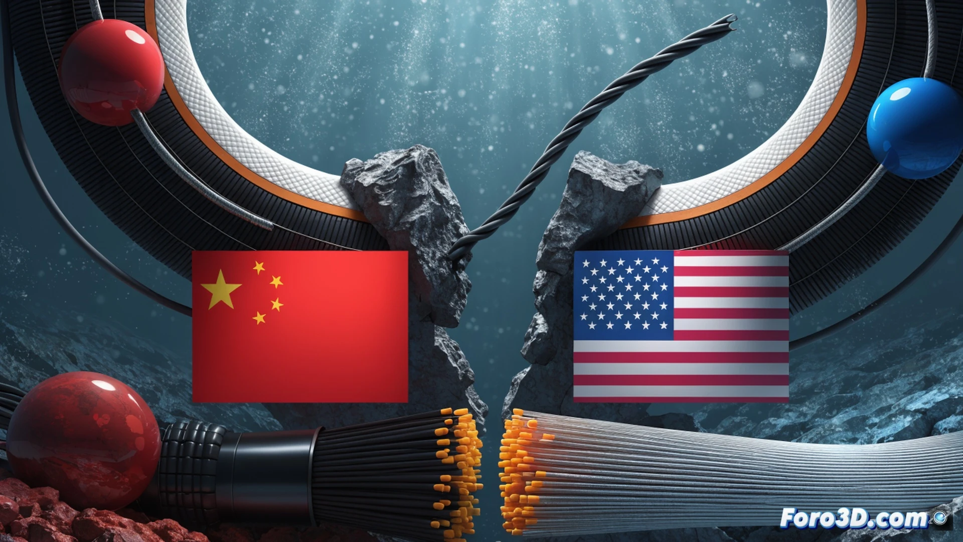 Cable submarino de fibra óptica cortado sobre el lecho marino del Pacífico, dos extremos rotos separándose lentamente mientras sedimentos se elevan en remolinos oscuros, mapa geopolítico de Chile y China en una pantalla táctil rota sobre una mesa de vidrio, banderas estadounidenses proyectadas como sombras digitales, herramientas de ingeniería de telecomunicaciones dispersas, un router industrial desconectado mostrando luces rojas de error, visualización técnica ultrarealista, iluminación fría de sala de control, estilo cinematográfico de documental tecnológico, texturas metálicas y cables de cobre expuestos, render fotorrealista con profundidad de campo dramática