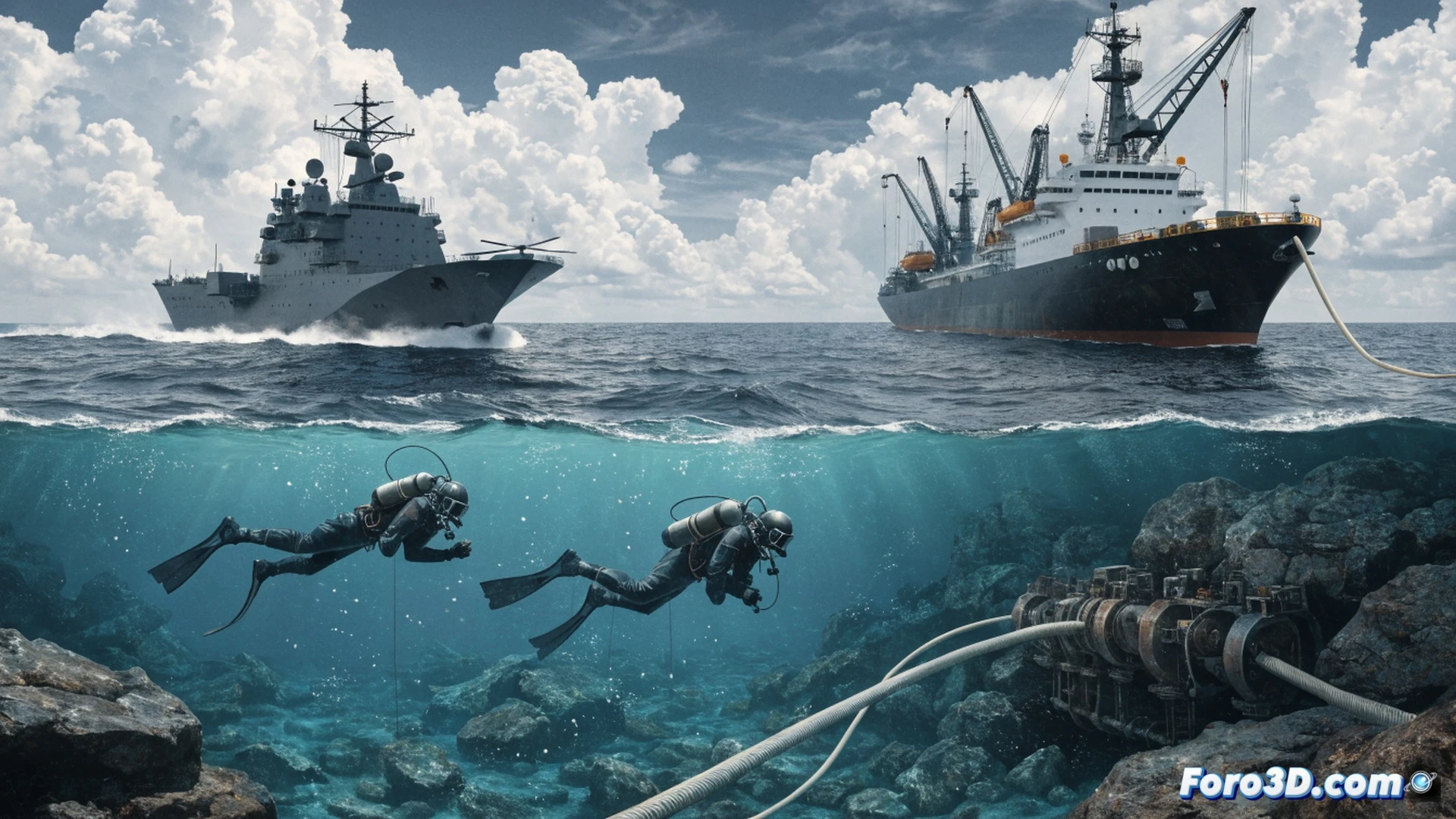Submarine cable being physically severed by a giant stylized US flag-shaped blade, fiber optic strands snapping under tension, Chilean coastline map glowing on a server monitor in background, network latency warning symbols flashing, cables tangled around a broken satellite dish, cinematic photorealistic engineering visualization, dramatic red and blue lighting contrasting geopolitical tension, sparks flying from cut copper wires, technical illustration style with circuit board textures, ultra-detailed industrial machinery, motion blur on cutting action, realistic ocean floor terrain visible below