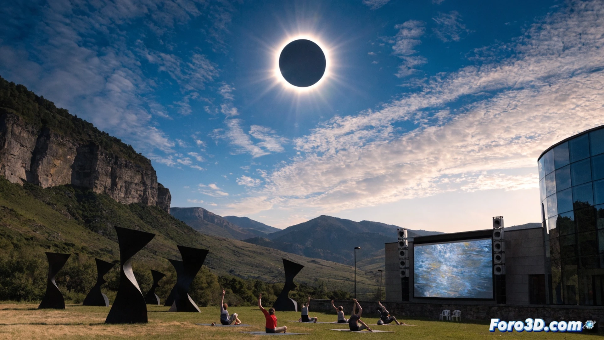 Aerial view of Chillida Leku museum grounds at dusk, large steel sculptures casting long shadows across green grass, families sitting on blankets watching outdoor cinema projection on a white screen between giant iron artworks, yoga practitioners in white clothing performing poses on stone platforms beside curved concrete works, telescope pointed at the sky during partial solar eclipse, golden sunset light filtering through oak trees, cinematic photorealistic style, warm amber and deep blue tones, wide-angle lens showing harmony of art and nature, no text or numbers visible