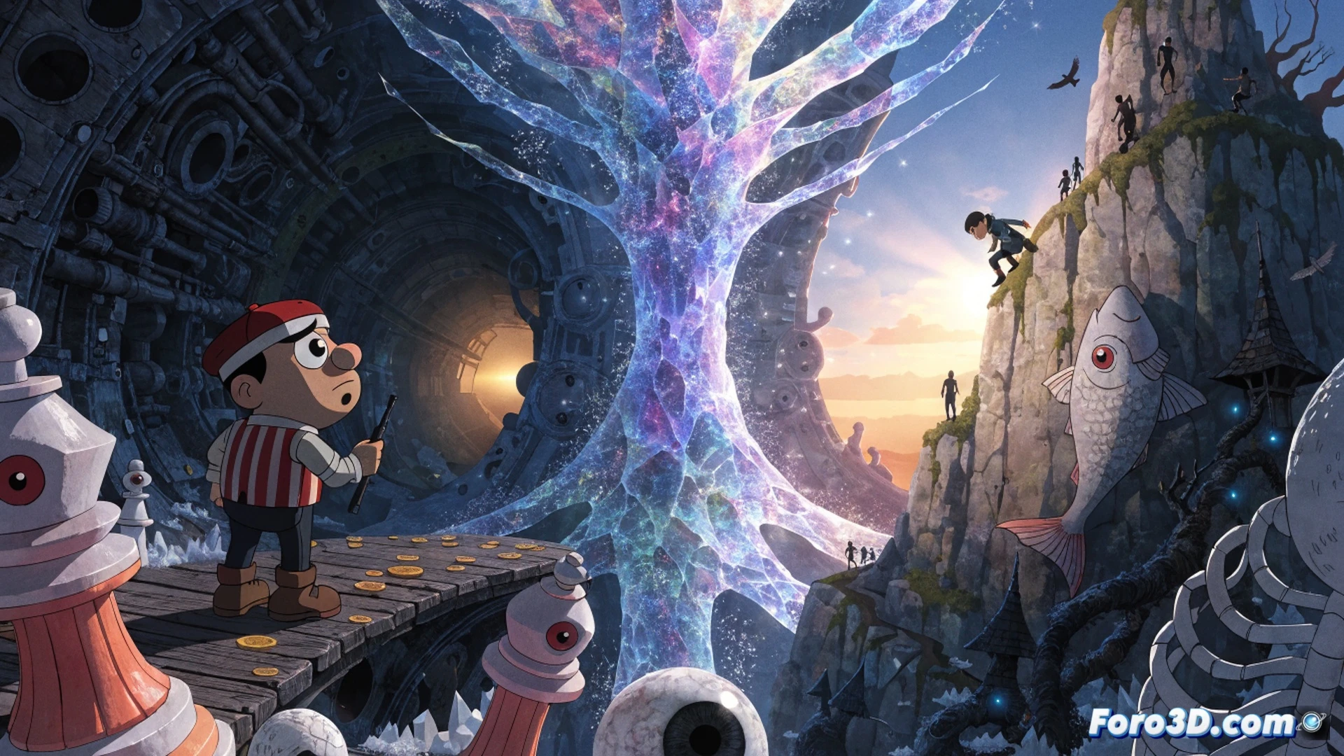 animated 2D character Lubicchi with round soft shapes running through a dreamlike town, 3D-rendered chimneys and clockwork gears floating in the background, lost friend silhouette fading into a glowing portal, detailed hand-painted cobblestone streets and ivy-covered walls, hybrid animation style blending cel-shaded character with volumetric lighting, cinematic family adventure aesthetic, warm golden hour light spilling through arched windows, motion blur on spinning mechanical parts, ultra-detailed fantasy architecture, whimsical storybook atmosphere