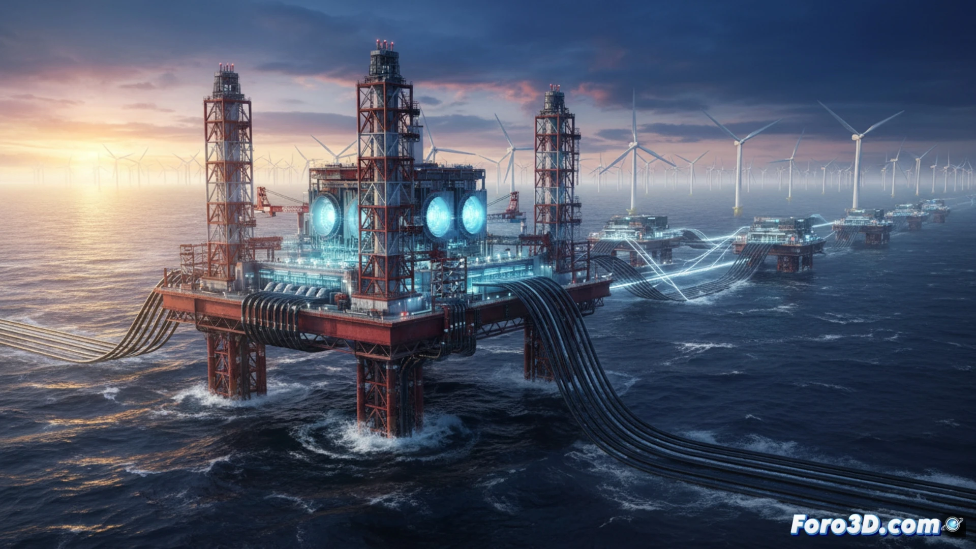 massive offshore steel converter station platform floating in deep blue ocean, 25000-ton structure with high-voltage transformers and converter valves visible, undersea power cables descending from platform into dark water, wind turbines in distant background under overcast sky, electrical arcs and cooling steam rising from substation, workers in safety gear inspecting control panels on deck, technical engineering visualization, photorealistic industrial render, dramatic stormy lighting, metallic surfaces with corrosion-resistant coating, precise mechanical details of HVDC converter modules, realistic sea waves splashing against platform legs