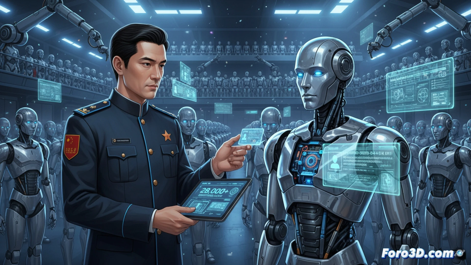 Technical illustration of a humanoid robot registration process, a robotic arm scanning a humanoid robot torso while a holographic ID grid projects 29-character code segments around its chest, maintenance drone hovering nearby with diagnostic tools, factory floor with rows of identical humanoid units in background, glowing blue circuit traces visible on robot joints, cinematic engineering visualization, photorealistic metallic textures, bright industrial LED panels overhead, clean assembly line environment, dramatic shadows from overhead lighting, ultra-detailed mechanical components, futuristic industrial aesthetic