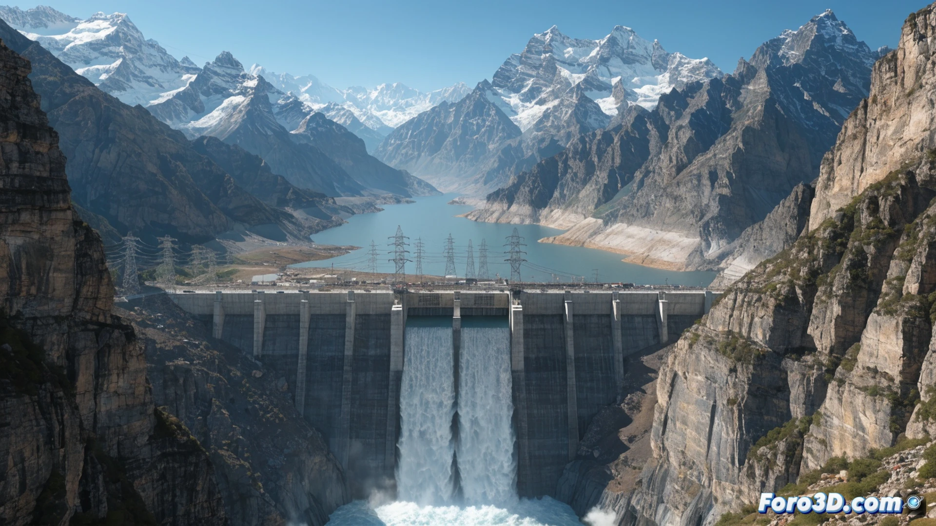 colossal Himalayan dam construction scene, massive concrete arch structure rising between steep mountain peaks, multiple tunnel boring machines cutting through granite rock face, drilling rigs operating on terraced cliffs, engineers in hard hats monitoring seismic sensors on portable screens, heavy excavators moving debris along switchback roads, deep river gorge below with sediment-laden water, distant snow-capped Himalayas under overcast sky, cinematic engineering visualization, dramatic scale contrast between tiny workers and immense dam, photorealistic architectural render, dust clouds from blasting, safety netting over exposed slopes, industrial floodlights illuminating work zones, ultra-detailed rock textures, realistic atmospheric perspective