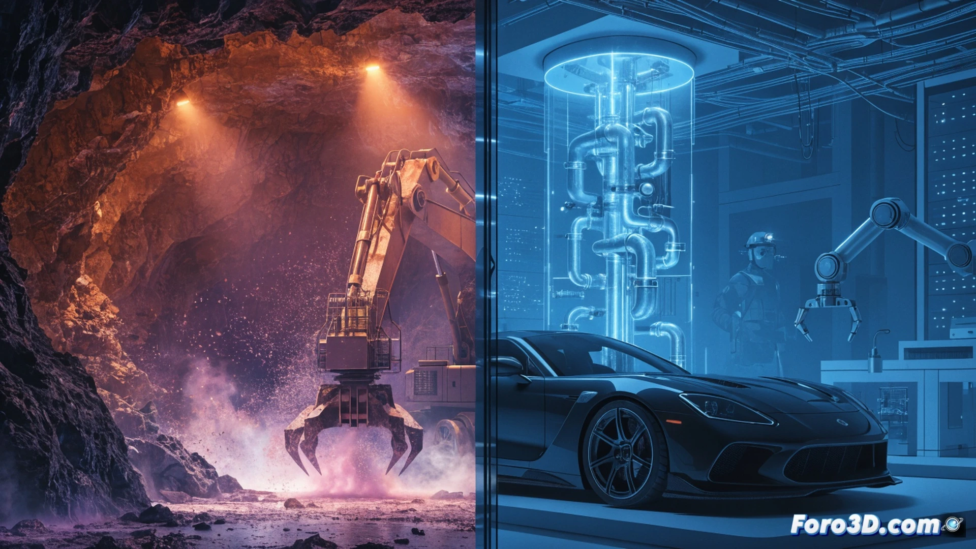 cinematic technical illustration showing a glowing globe with China highlighted in red, a pipeline labeled rare earth minerals being cut by a giant industrial valve, Japan on the receiving end with empty conveyor belts and stalled factory robots, tungsten and neodymium magnet fragments suspended mid-air, smartphone and car engine components fading into translucent outlines, dramatic industrial lighting with orange and blue contrast, photorealistic engineering visualization, high-contrast shadows, metallic reflections, action of supply chain disruption demonstrated through broken glowing connection lines