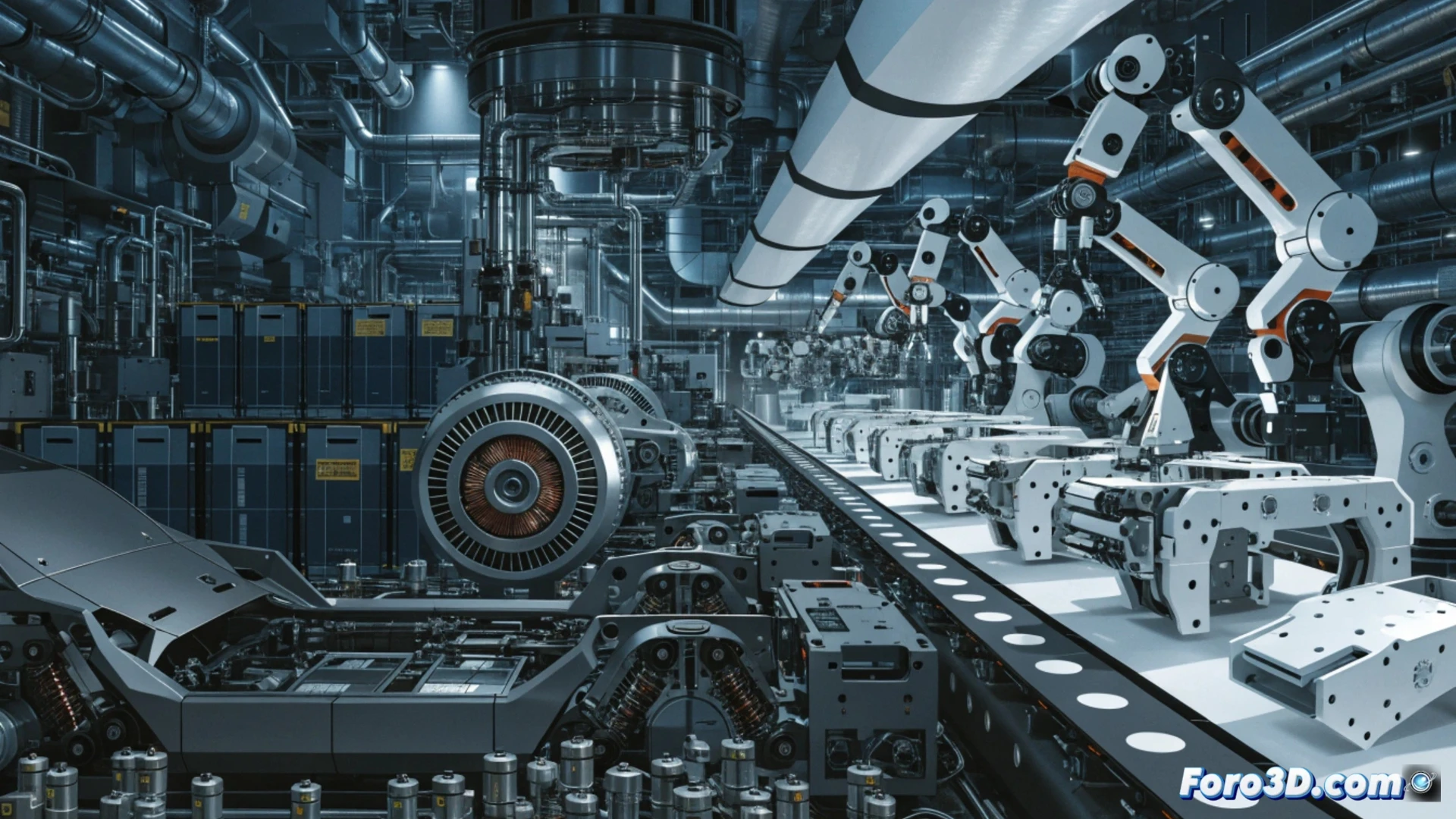 Chinese robot factory assembly line, industrial robotic arms being built using electric vehicle motor components, workers installing sensors and batteries into robot chassis, conveyor belt with partially assembled humanoid robots, glowing blue battery packs and copper wiring visible, automated guided vehicles transporting robot parts, sterile white workshop with yellow safety lines, cinematic engineering visualization, photorealistic technical illustration, dramatic overhead lighting, ultra-detailed mechanical joints and circuit boards, scale and efficiency demonstrated through repetitive identical robot units in background