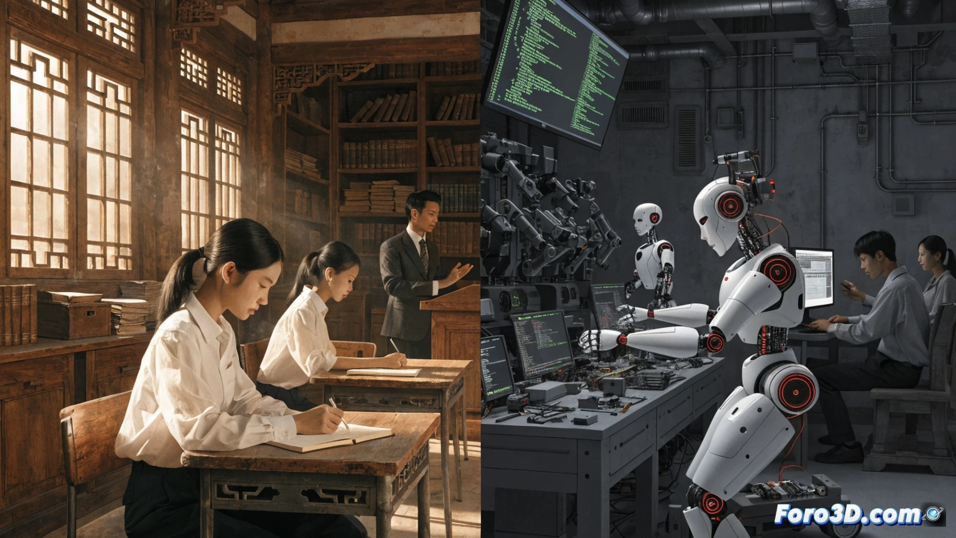 A university lecture hall transforming into a robotics lab, students dismantling classic liberal arts textbooks while assembling a humanoid robot arm, glowing holographic AI code floating above a workbench, discarded paintbrushes and language dictionaries piled in a recycling bin, young engineers calibrating a quadruped robot with laser sensors, technical illustration style, cool blue and white fluorescent lighting, metallic surfaces reflecting digital schematics, photorealistic engineering visualization, precise mechanical joints and wiring visible, dramatic contrast between obsolete paper materials and futuristic hardware, action of rebuilding and upgrading educational tools