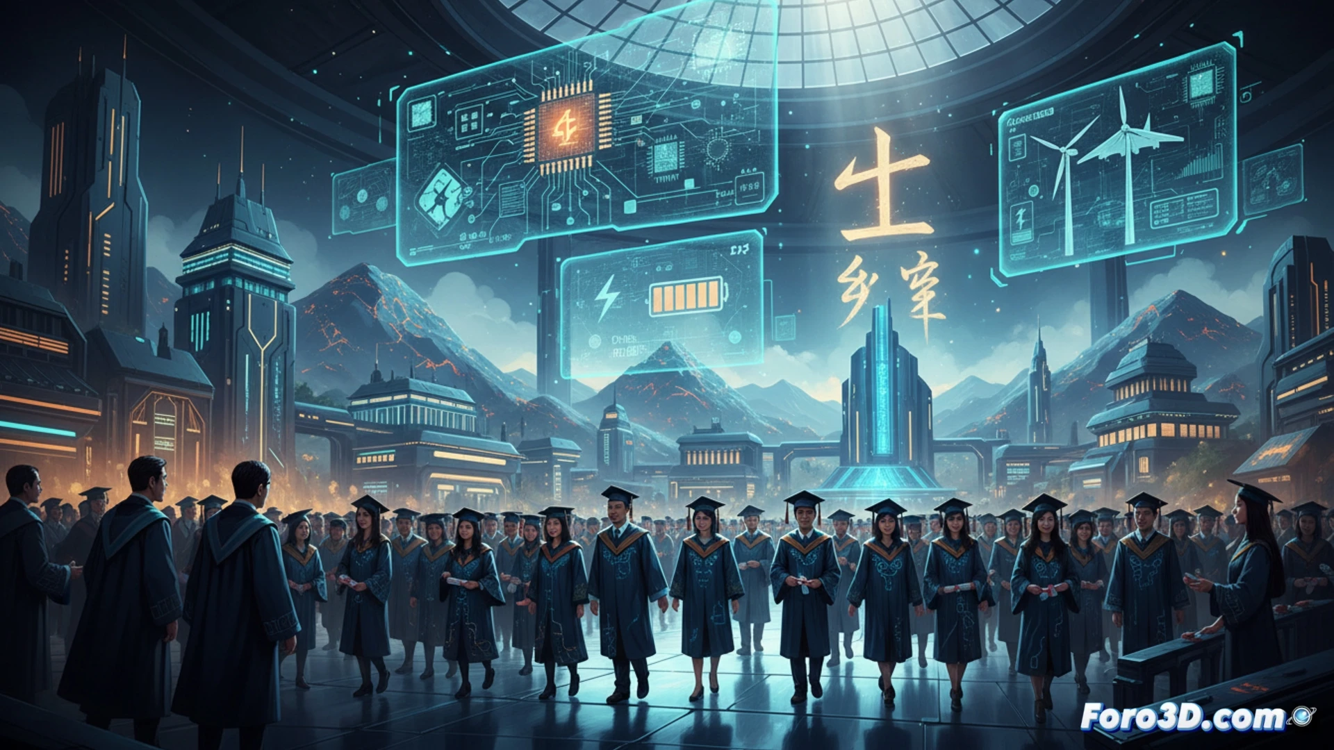 young Chinese university students in white lab coats and safety goggles examining rare earth mineral samples under electron microscopes, industrial refining equipment in background showing chemical separation columns, holographic periodic table projections floating above workstations, students collaborating near a digital display showing molecular structures, photorealistic technical illustration, bright clean laboratory with blue LED lighting, high-tech glassware and robotic sample handlers, polished metallic surfaces reflecting soft light, ultra-detailed engineering visualization, cinematic depth of field