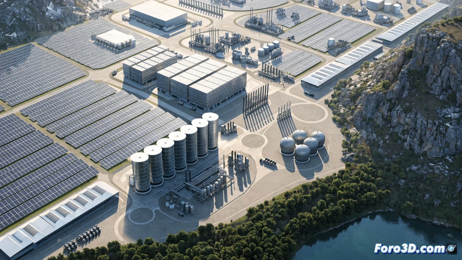Aerial view of a massive solar farm in Jiangsu province, rows of photovoltaic panels stretching to the horizon, electrolysis units actively splitting water into hydrogen bubbles while battery storage containers line the perimeter, engineers monitoring digital control screens showing real-time energy flow from solar to grid to hydrogen production, golden sunset light reflecting off panel surfaces, clean industrial design, photorealistic engineering visualization, ultra-detailed technical components, dramatic wide-angle perspective demonstrating large-scale renewable integration