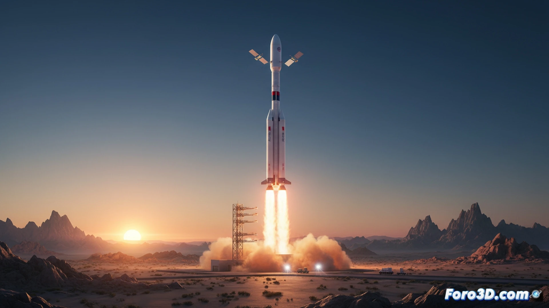 A Chinese Long March 12B rocket launching at dawn from the Gobi Desert, twin boosters firing with bright exhaust plumes, two Qianfan satellites separating in low Earth orbit, ground control screens showing orbital insertion data, satellite panels deploying while Starlink-like constellation nodes glow in the background, cinematic engineering visualization, desert dust swept by exhaust blast, metallic rocket body reflecting sunlight, dramatic low-angle shot, photorealistic technical render, dynamic action during liftoff and satellite deployment.