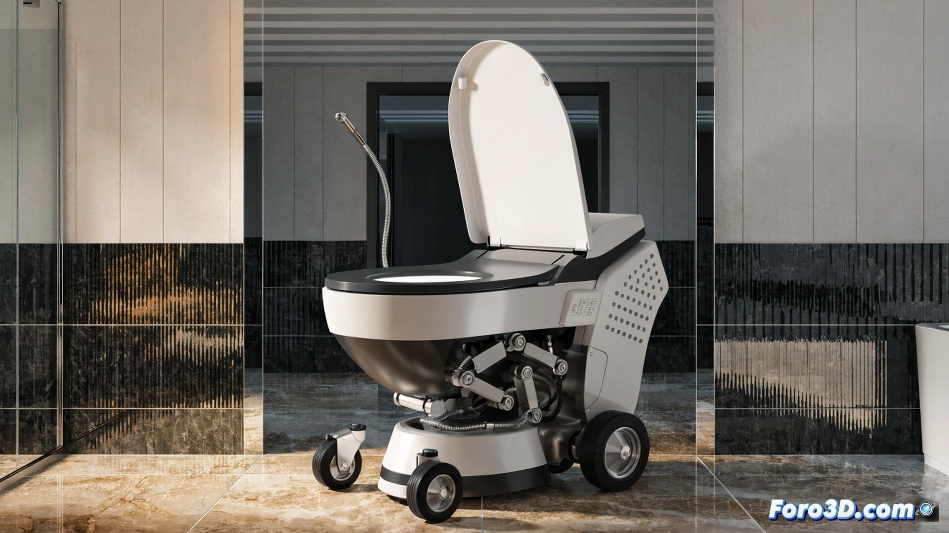 sleek white robotic toilet moving autonomously across a modern living room, elderly person using voice command to activate it, toilet seat lifting automatically while bidet nozzle extends, soft blue LED indicators on control panel, wheels rotating smoothly on hardwood floor, living room furniture in background, bright natural daylight from window, cinematic photorealistic engineering visualization, clean minimalist interior, ultra-detailed plastic and metal surfaces, gentle motion blur on wheels, warm inviting atmosphere, shallow depth of field focusing on the interaction between user and device
