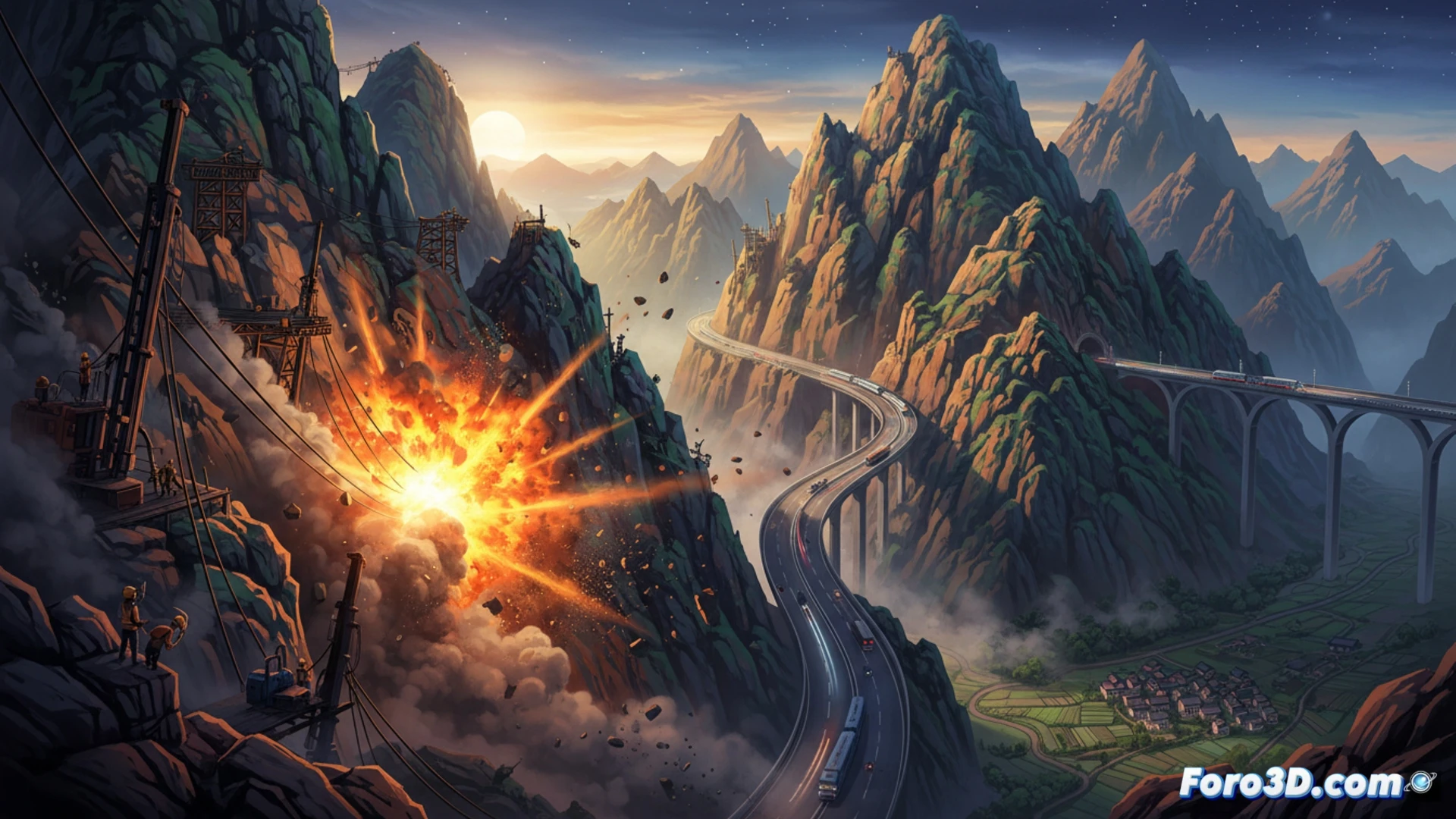 montañas de Guizhou siendo cortadas por la mitad con explosiones controladas, excavadoras amarillas sobre escombros, maquinaria pesada perforando roca estratificada, polvo y fragmentos volando durante la demolición, carretera de asfalto abriéndose paso entre el corte vertical, taludes reforzados con mallas metálicas y pernos de anclaje, ingenieros con cascos observando el proceso, grúas moviendo vigas de hormigón, paisaje de valles verdes al fondo, estilo cinematográfico técnico, iluminación dramática de atardecer, texturas de roca detalladas, photorealistic engineering visualization