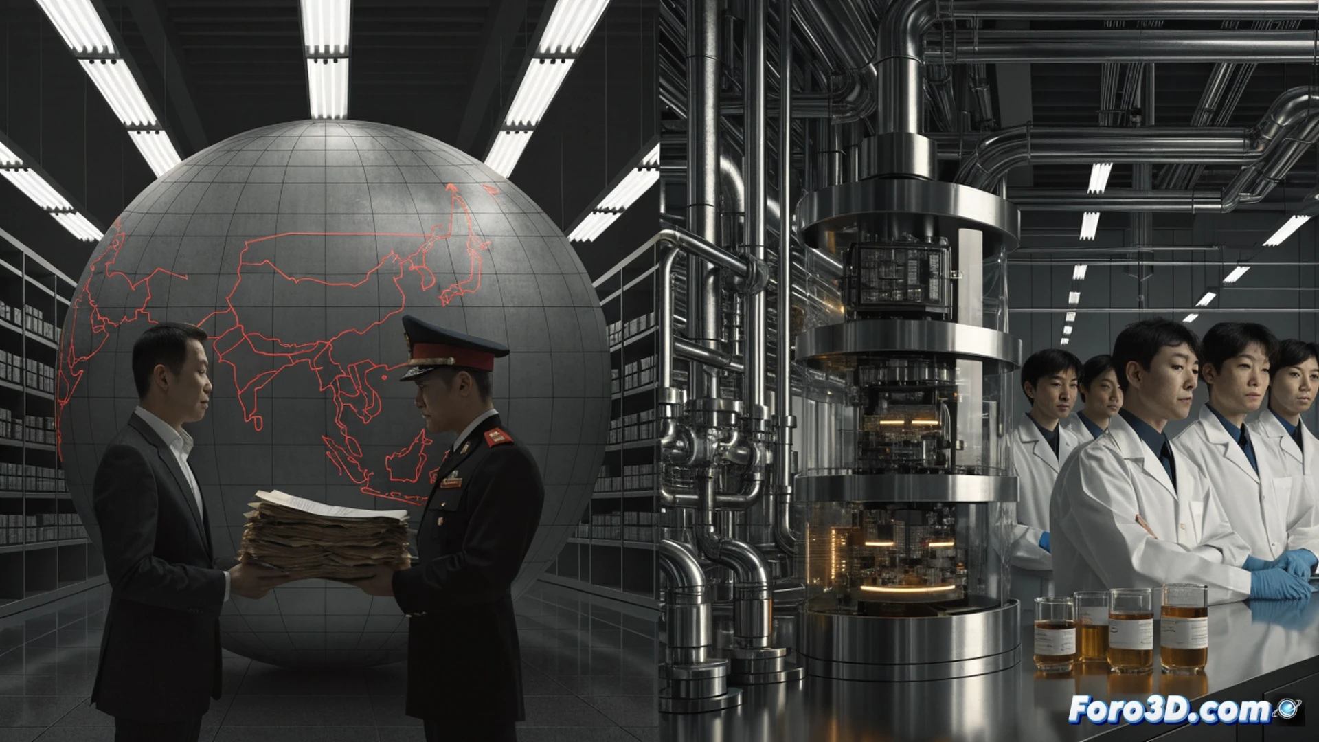 Technical illustration of a semiconductor supply chain disruption, Chinese customs officials inspecting a shipping container labeled with dual-use technology symbols, Japanese defense institute documents being sealed with red cancellation stamps, rare earth mineral processing plants in background with conveyor belts halting, glowing circuit boards and microchips suspended in mid-air showing price surge arrows, cinematic engineering visualization, cold blue industrial lighting contrasting with red geopolitical tension markers, photorealistic technical render, ultra-detailed mechanical components, dramatic shadow play on factory floor