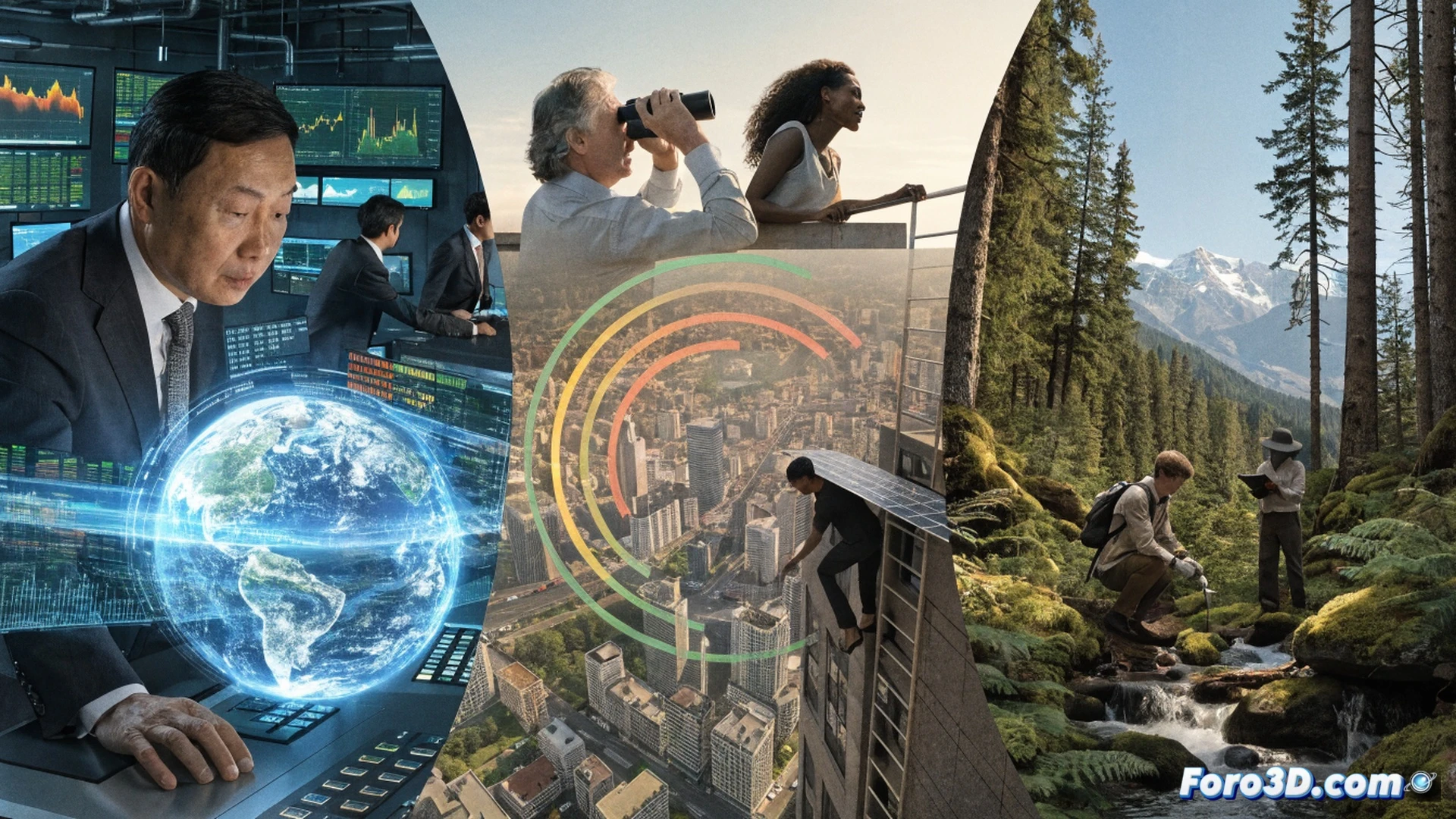 Three diplomats from China, EU, and Canada shaking hands over a holographic Earth globe showing temperature anomaly heatmap, glowing green energy grids and wind turbine data overlays, while a cracked and fading US flag icon drifts away into dark background, photorealistic cinematic visualization, dramatic blue and amber lighting, metallic conference table reflecting digital climate models, realistic fabric textures on suits, ultra-detailed handshake with subtle tension, technical illustration style, 8K render quality