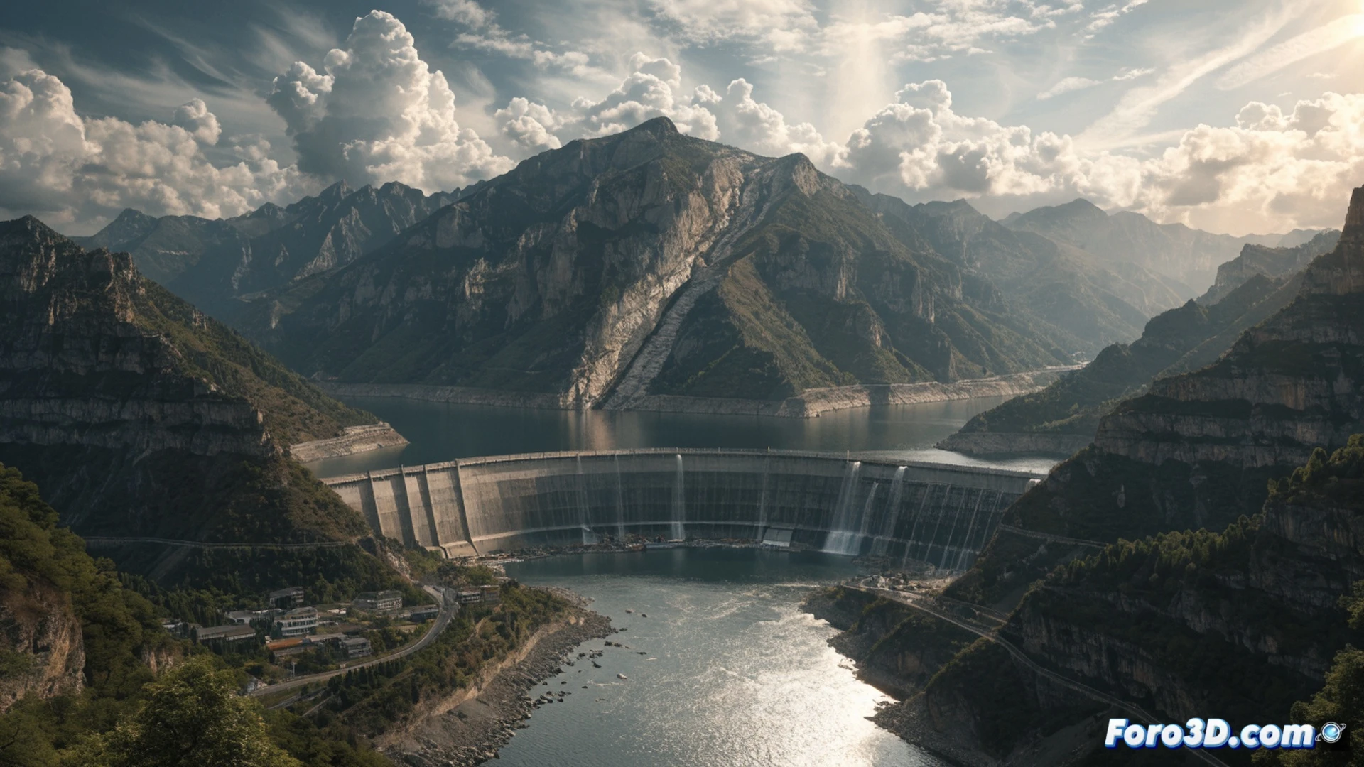 gigantic concrete dam under construction on a seismically active landscape, earth-moving excavators and cranes positioned along the crest, workers in hard hats monitoring ground deformation sensors while a visible crack runs through the foundation rock, warning lights blinking on monitoring equipment, dust clouds rising from excavation areas, distant mountains showing fault line scarps, cinematic photorealistic engineering visualization, dramatic cloudy sky casting shadows, ultra-detailed structural steel reinforcements exposed, tension cables glinting, technical illustration style with geological cross-section hinting at underground fault lines