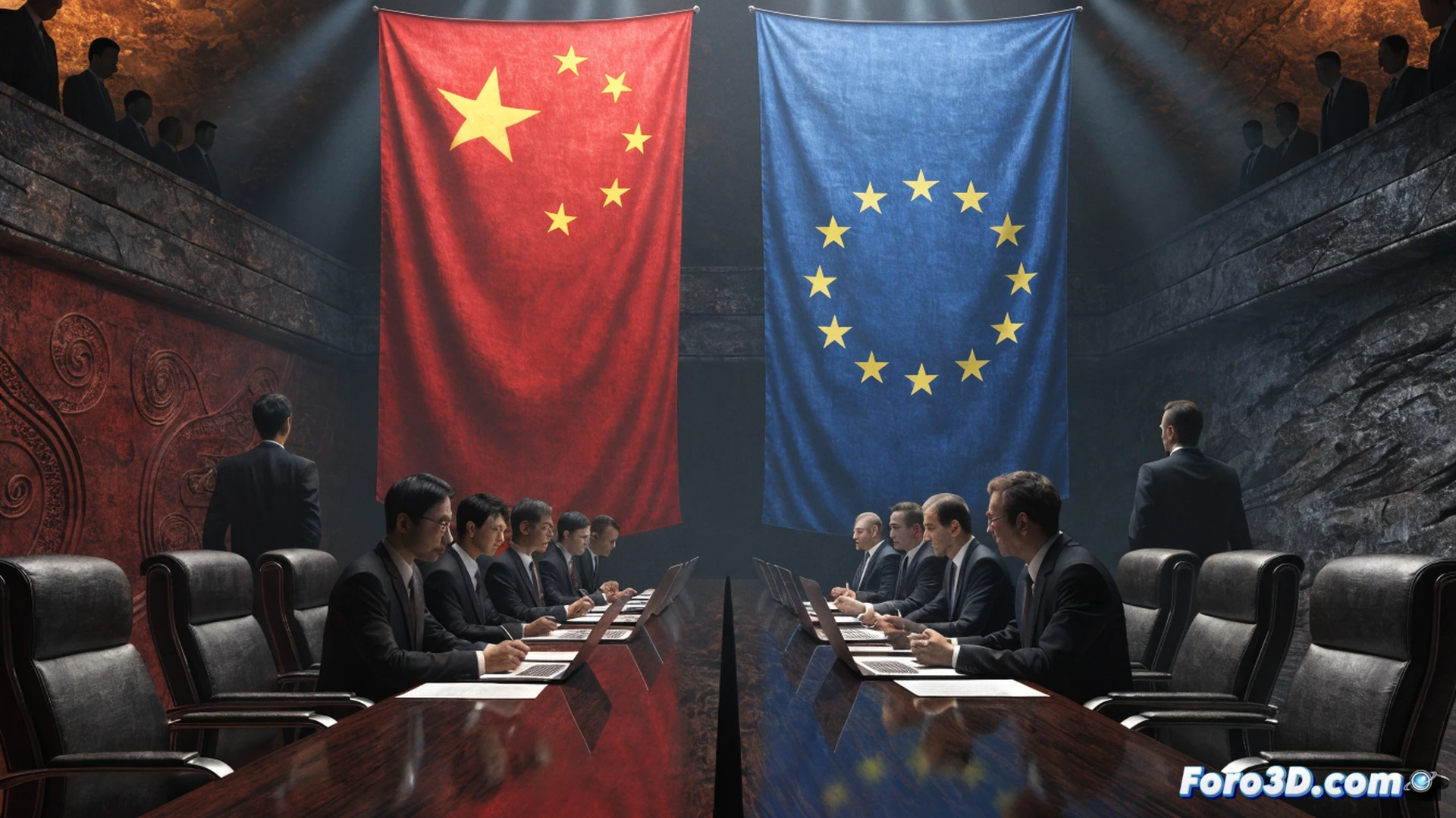 cinematic visualization of a negotiation table between China and EU delegates, holographic trade flow charts floating above the table showing red and blue arrows diverging, a digital scale tipping with Chinese yuan coins on one side and euro coins on the other, while a glowing shield icon hovers between them, technical engineering style with metallic surfaces, blue and red LED ambient lighting, data streams projecting from laptops, photorealistic render, ultra-detailed textures, dramatic shadows, high contrast industrial atmosphere